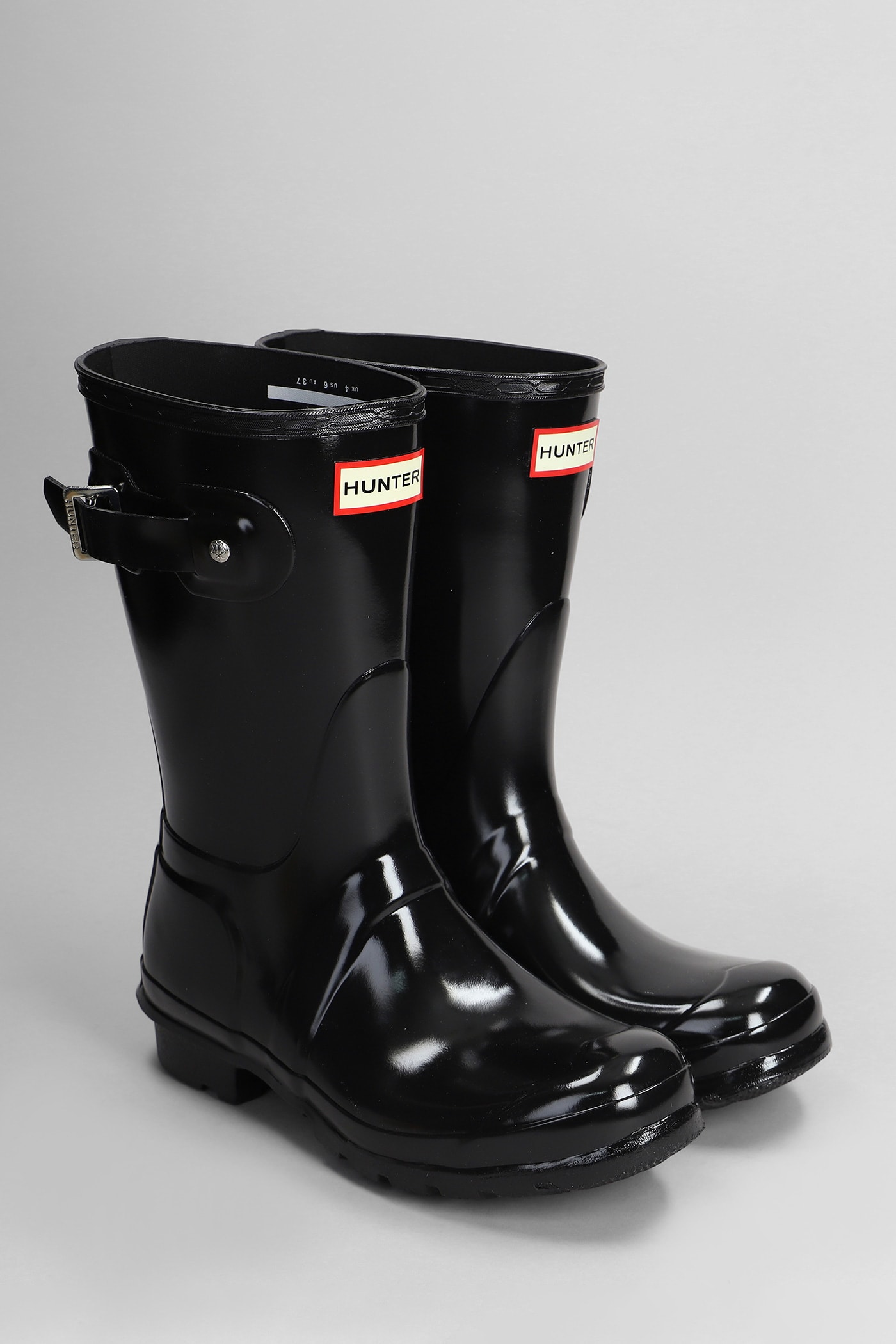 Hunter Original Short Gloss Low Heels Boots In Black Rubber/plasic In Black
