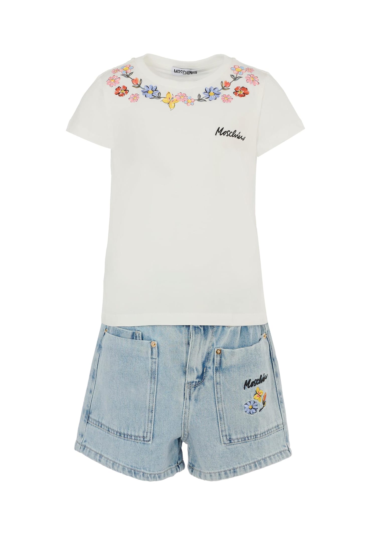 Moschino White Suit For Girl With Flowers In Burgundy