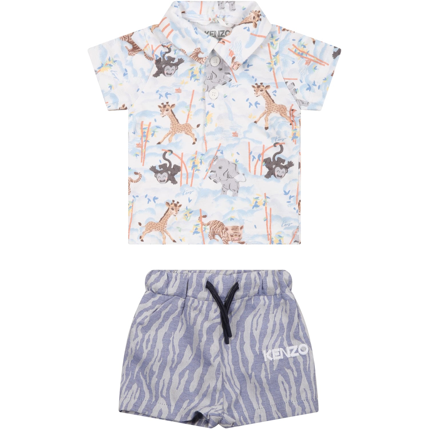 Kenzo Multicolor Outfit For Baby Boy With Animals And Logo In White