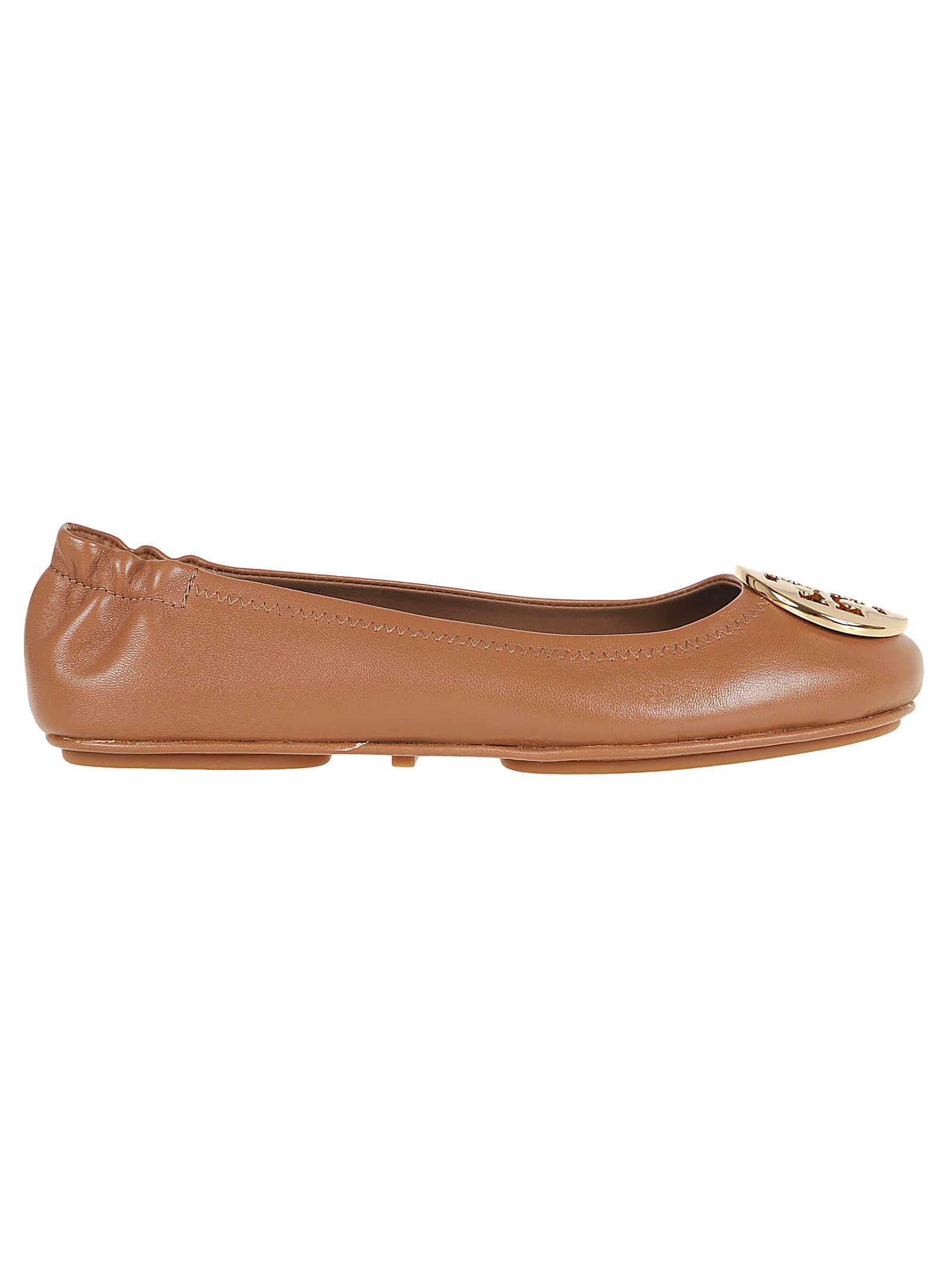 Shop Tory Burch Minnie Travel Ballet With Metal Logo In Royal Tan Gold