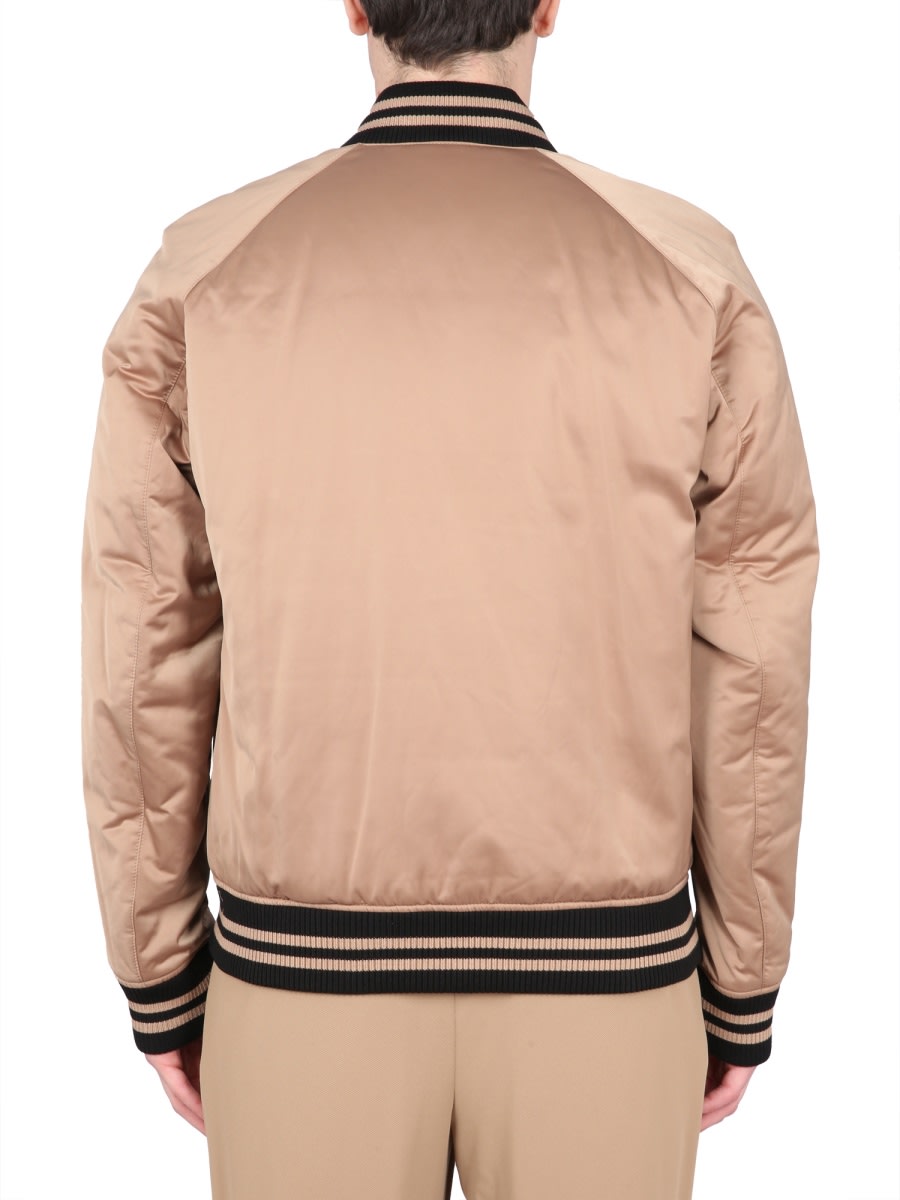 Hugo Boss Logo Bomber Jacket With Ribbed Collar And Cuffs In Brown