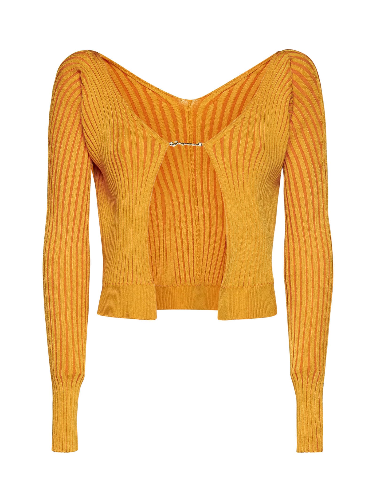 Jacquemus ‘pralu' Gold Toned Logo Charm Long Sleeve Cropped Cardigan In Light Orange