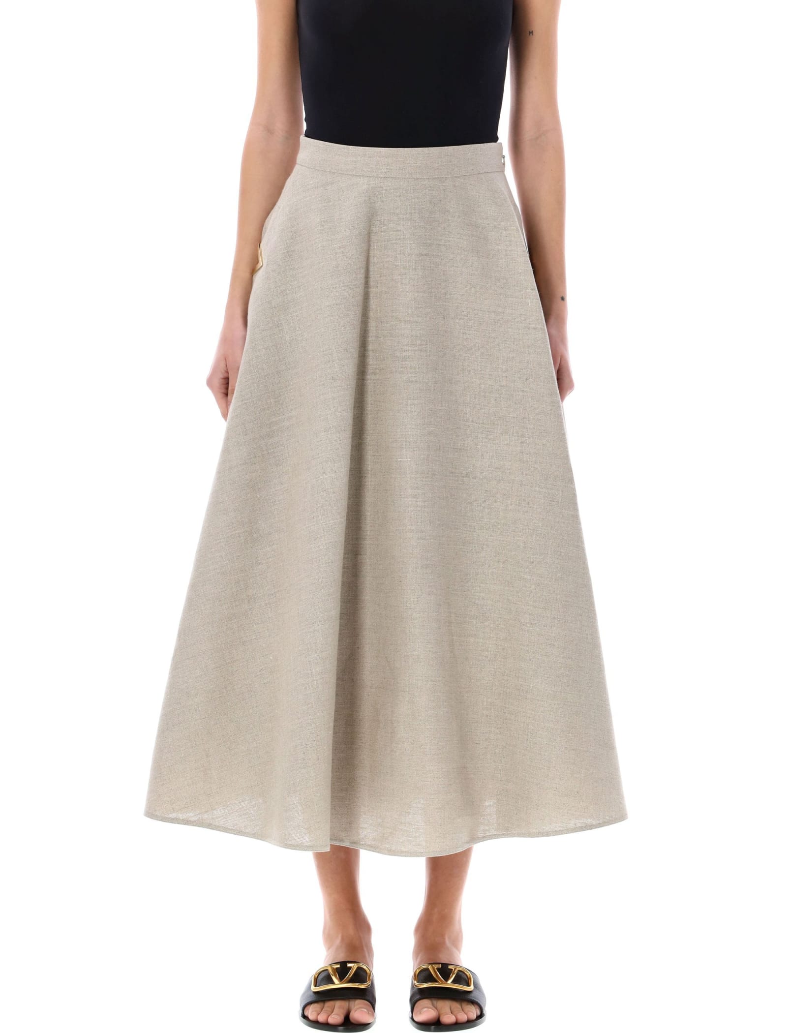 Shop Valentino Linen Midi Skirt In Beige