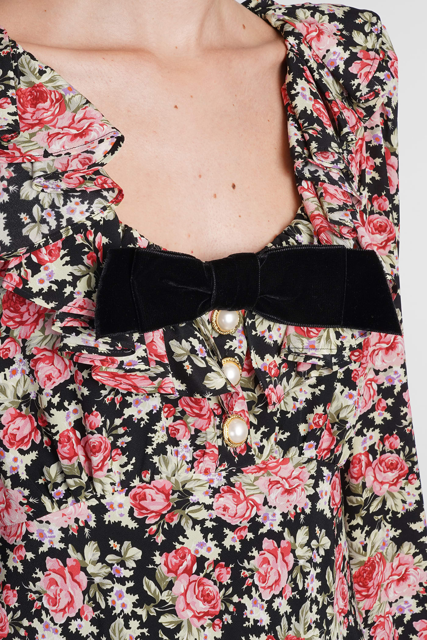 Alessandra Rich Rose Print Mini Silk Dress In Black