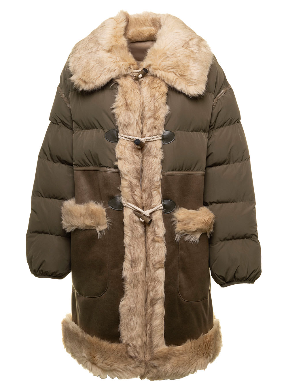 Khaki And Beige Reversible Puffer Jacket With Eco Fur Woman Urbancode