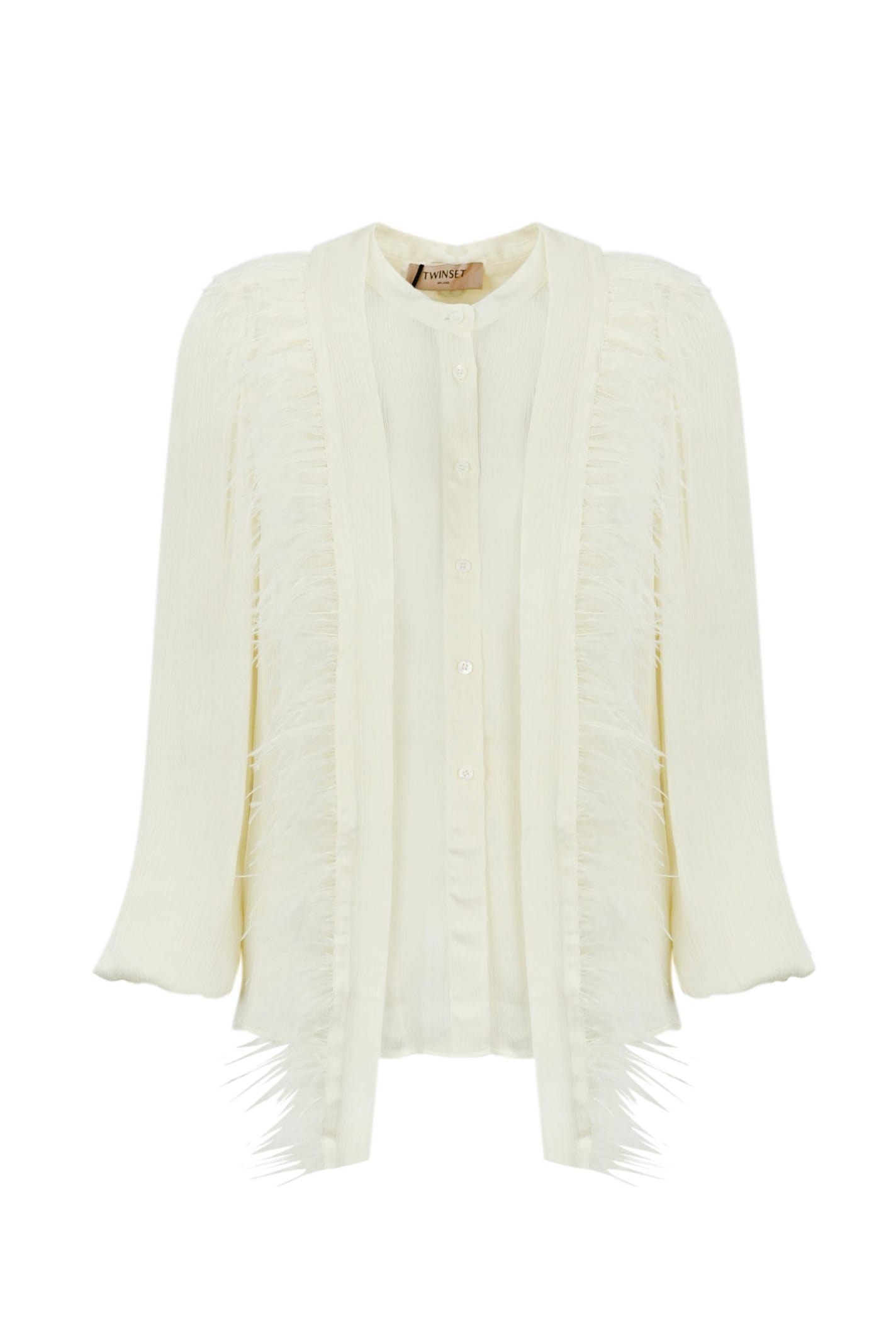 Shop Twinset Satin Shirt With Feathers In Ivory