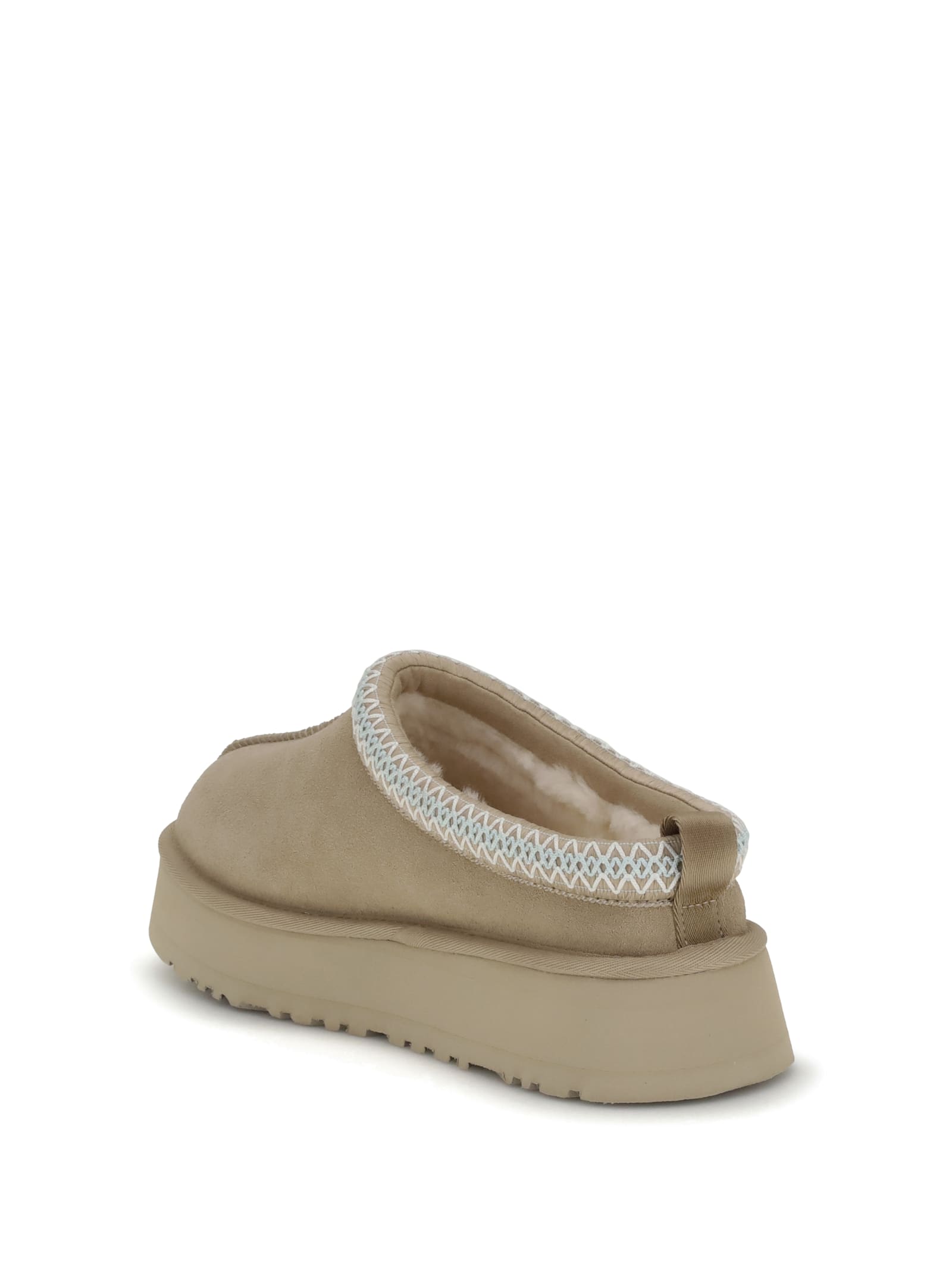 Ugg Tasman Embroidered Suede Flatform Mules In Nude