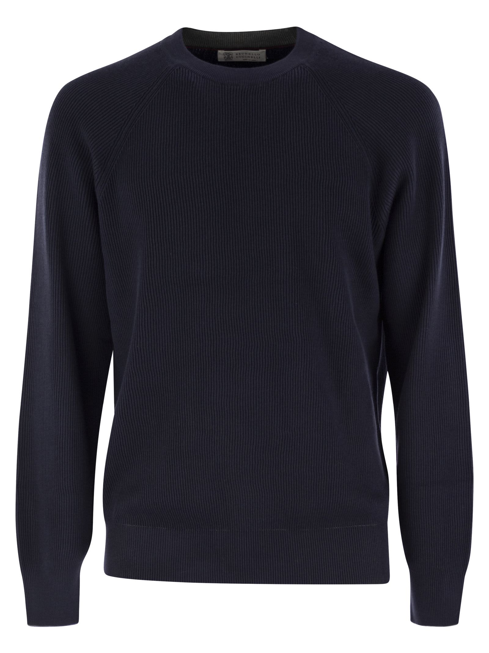 Shop Brunello Cucinelli Cotton Rib Sweater With Raglan Sleeve In Navy