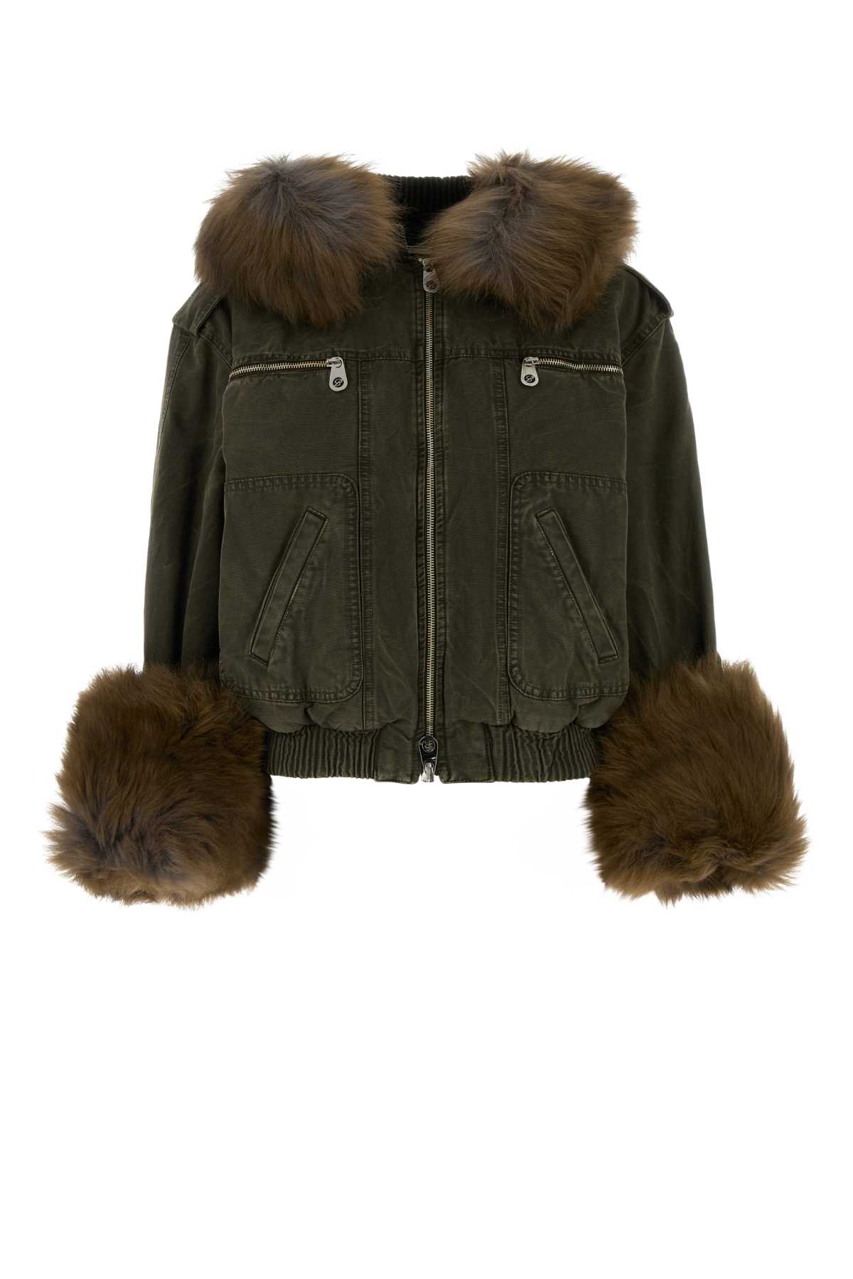 Blumarine Green Jacket With Removable Fur Details In Cotton Woman In Green