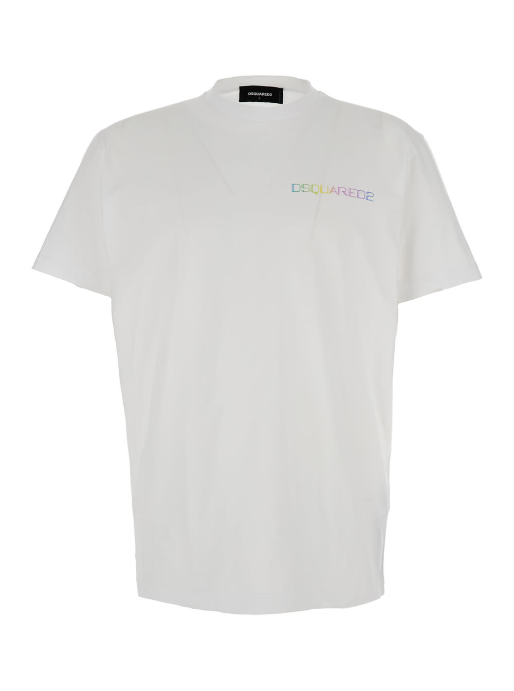 Shop Dsquared2 Palm Beach White Crewneck T-shirt With Multicolor Logo Print In Cotton Man