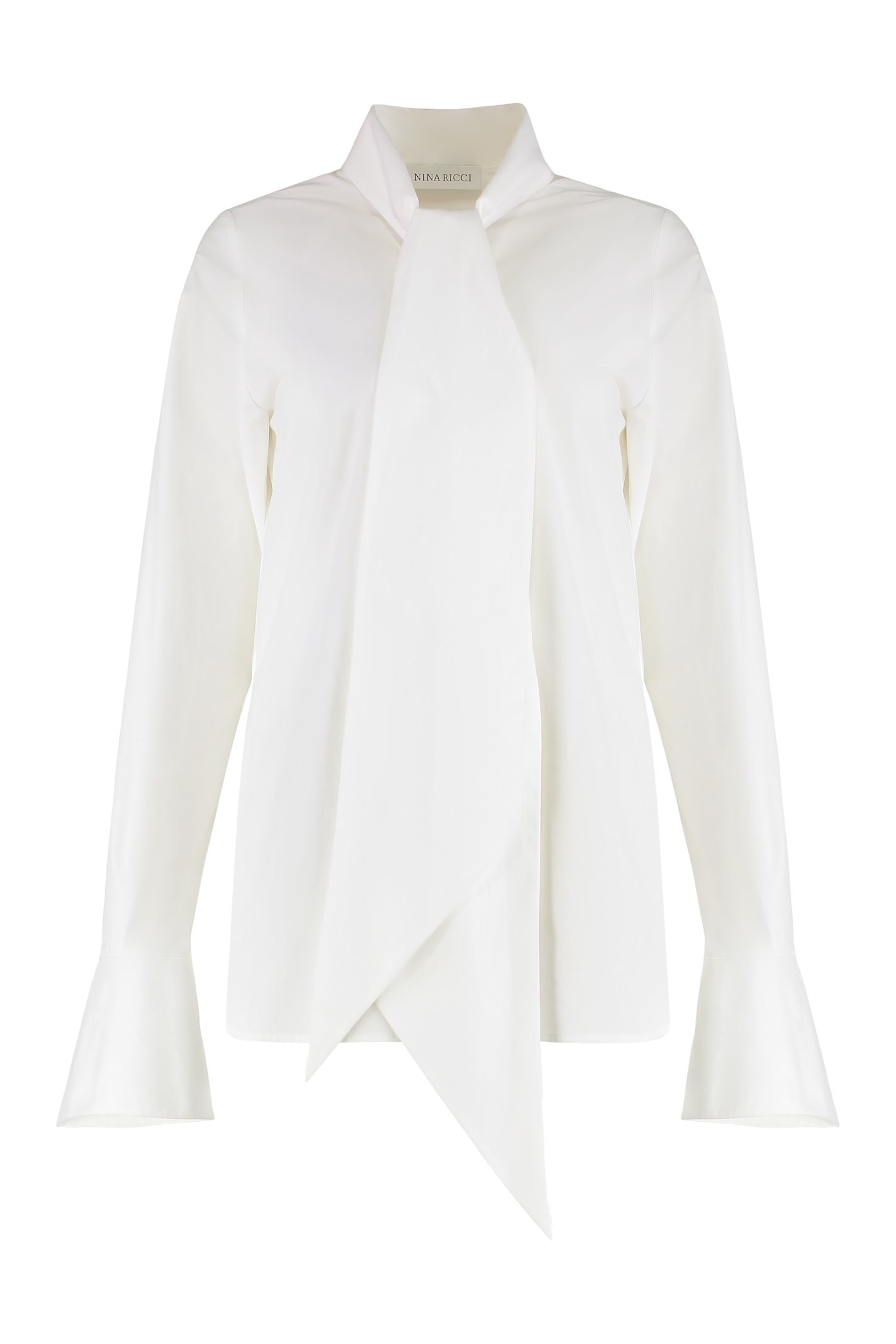 Nina Ricci Draped Front Cotton Shirt With Pussy-bow Collar In White