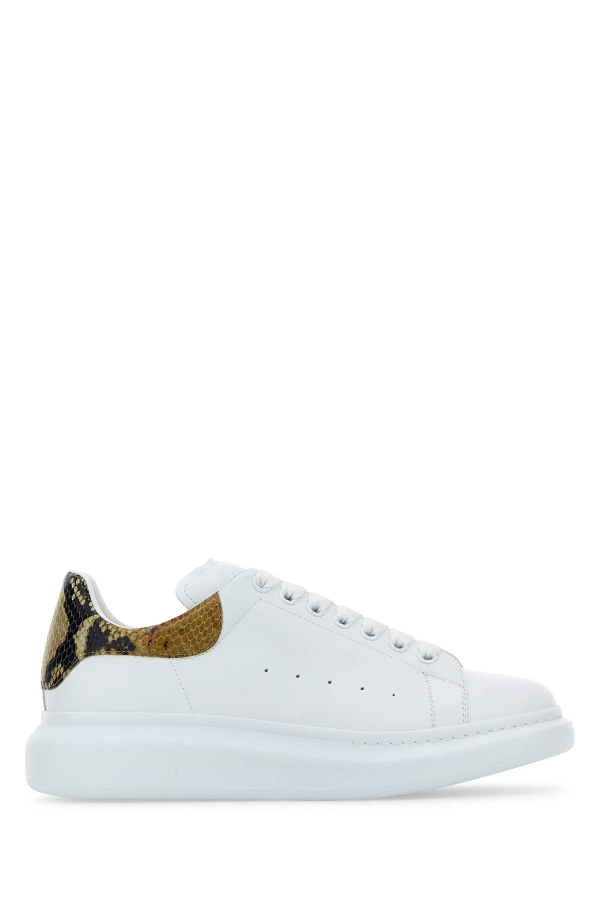 White Leather Sneakers With Printed Leather Heel