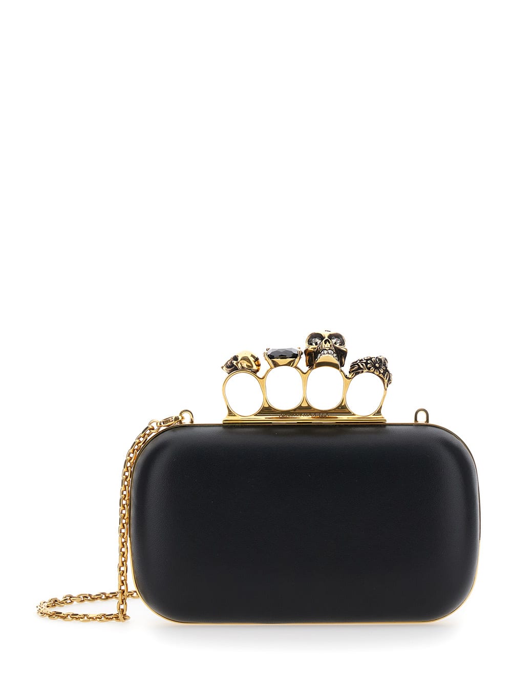 Alexander Mcqueen Four Ring Black Clutch With Shoulder Strap And Skull-shaped Studs In Leather Women In Black
