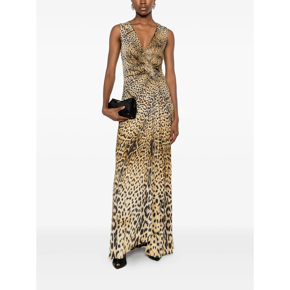 Roberto Cavalli Long Dress With Jaguar Skin Print In Brown