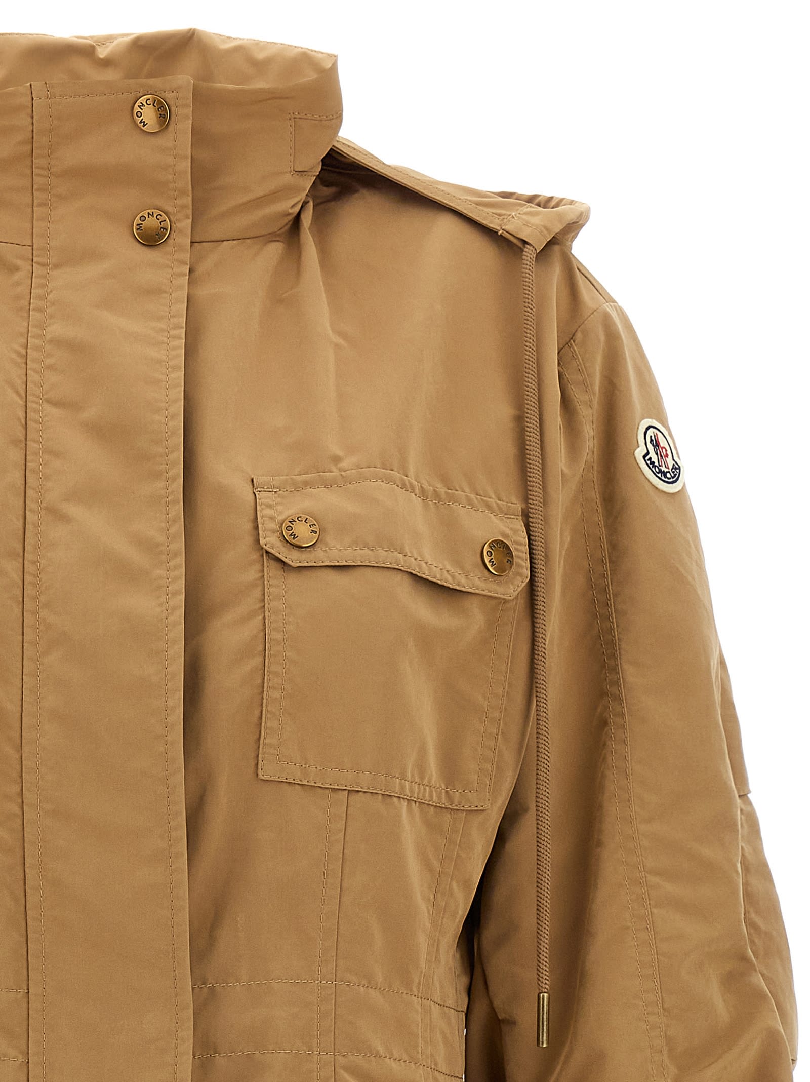 Moncler Drawstring Parka With Epaulettes And Hood In Beige