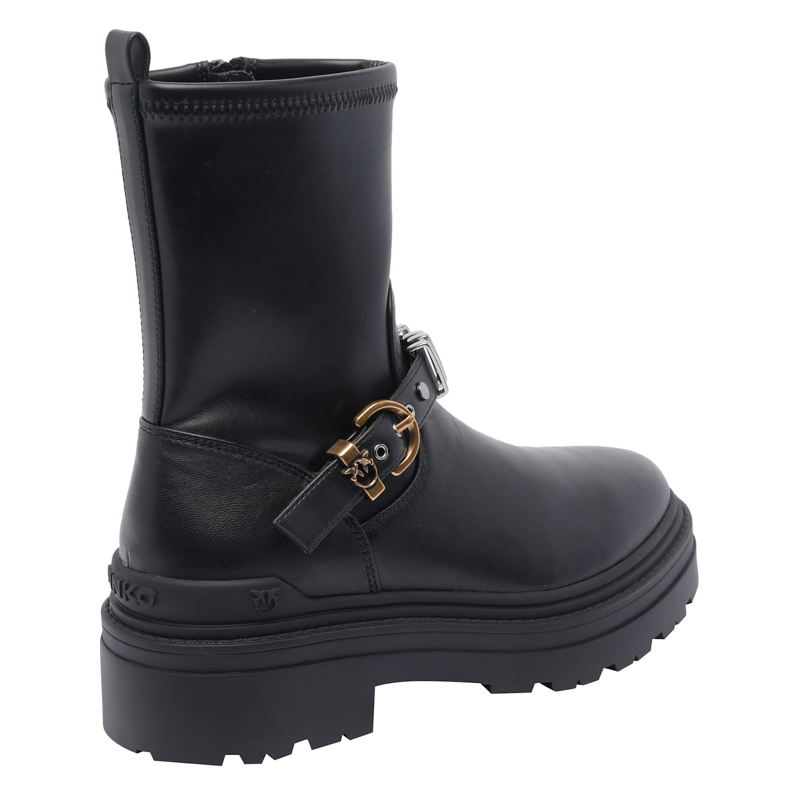 Pinko Rounded Toe Black Leather Ankle Boots With Front Strap In Black