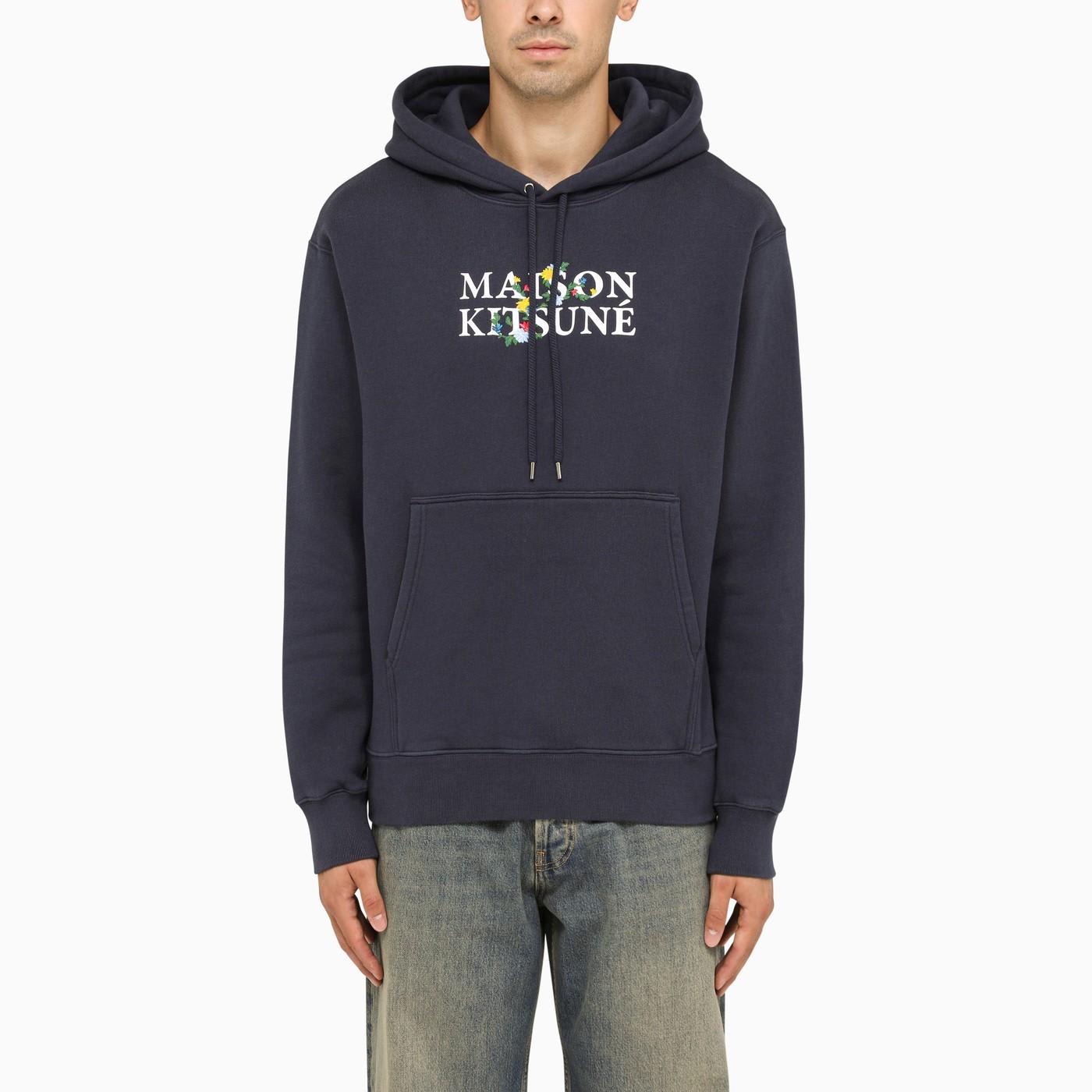 Shop Maison Kitsuné Blue Hoodie With Chest Print In Ink Blue