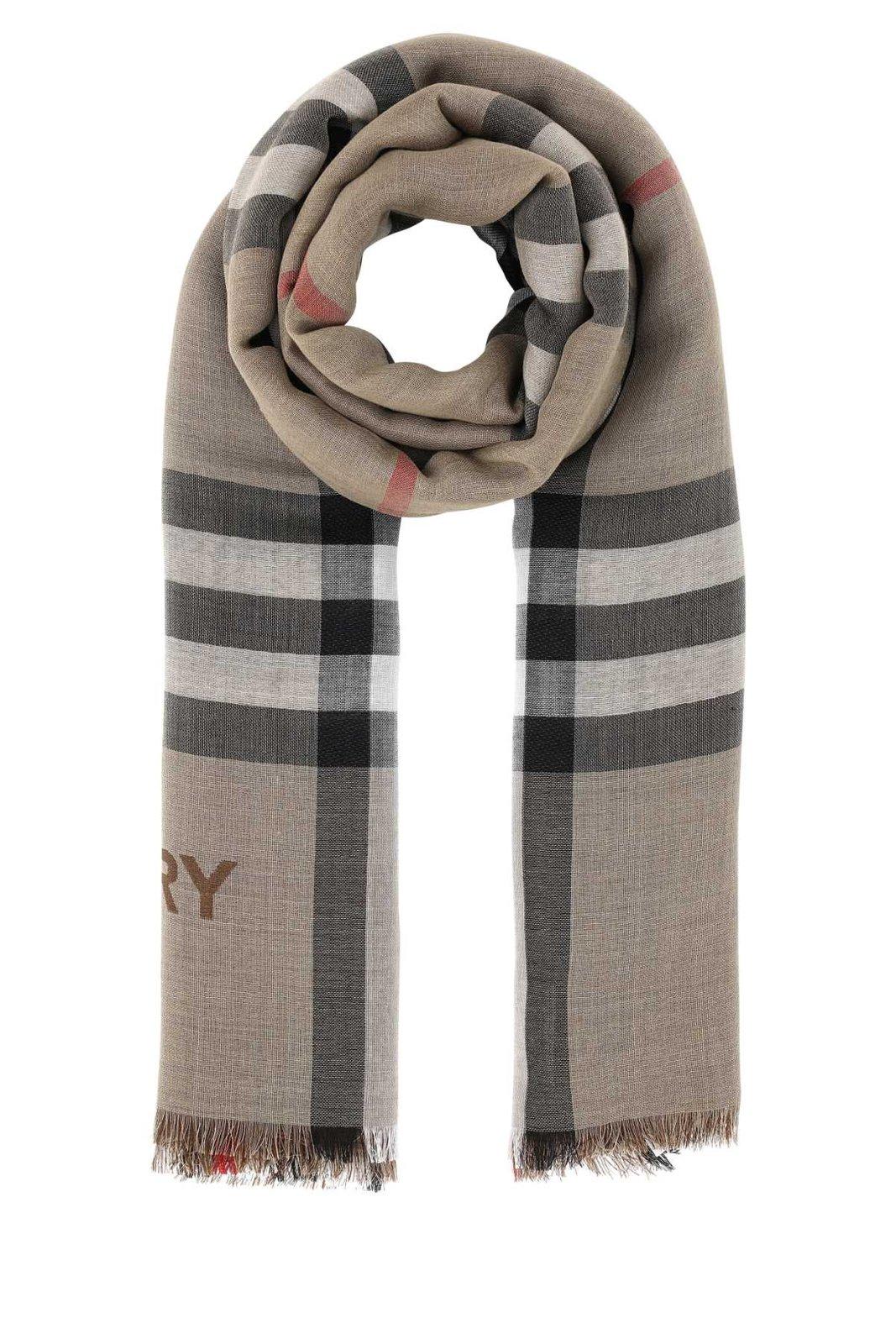 Burberry Frayed Edge Checked Scarf In Beige