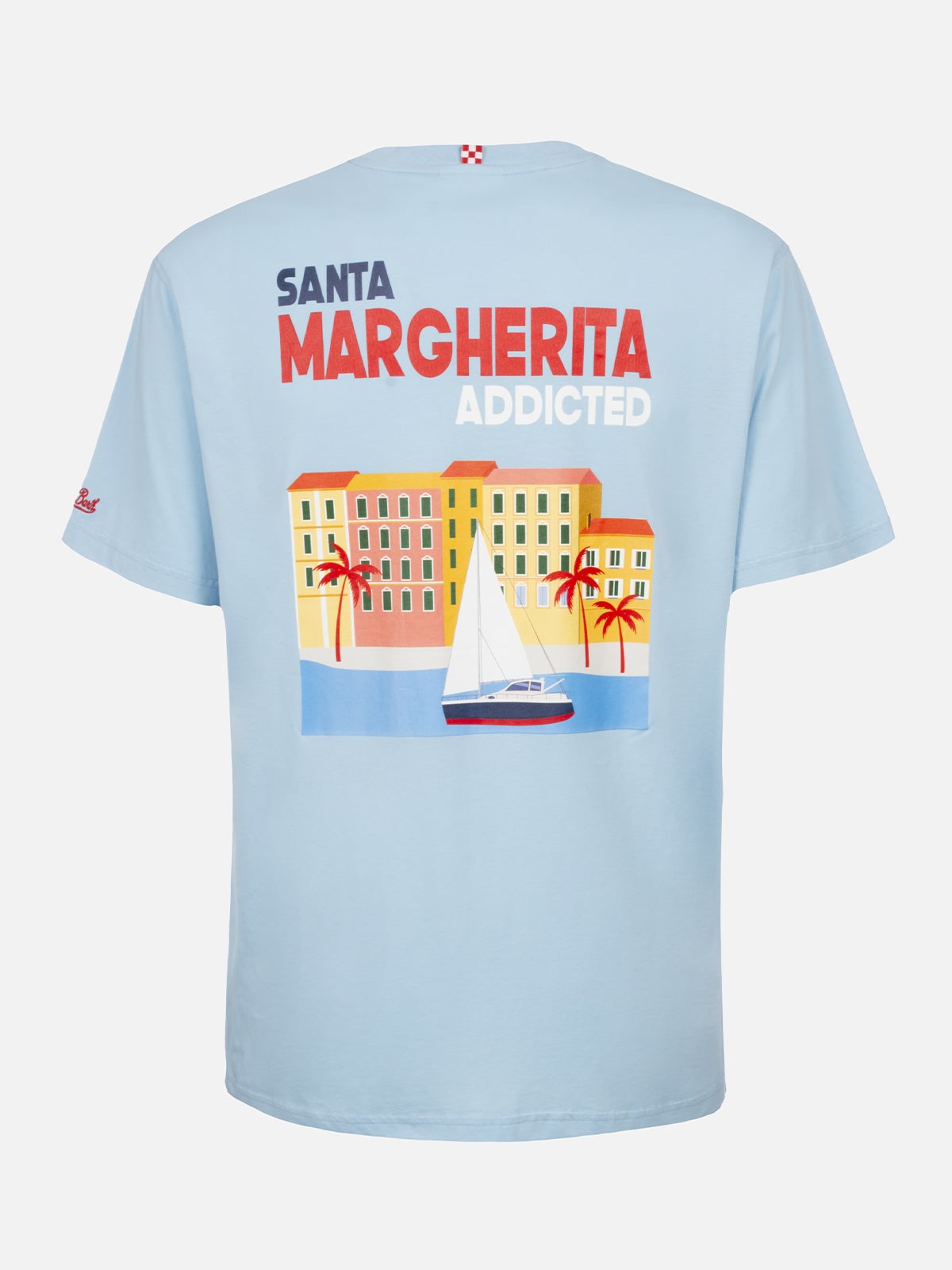 Mc2 Saint Barth Man Cotton T-shirt With Santa Margherita Addicted Postcard Placed Print In Sky