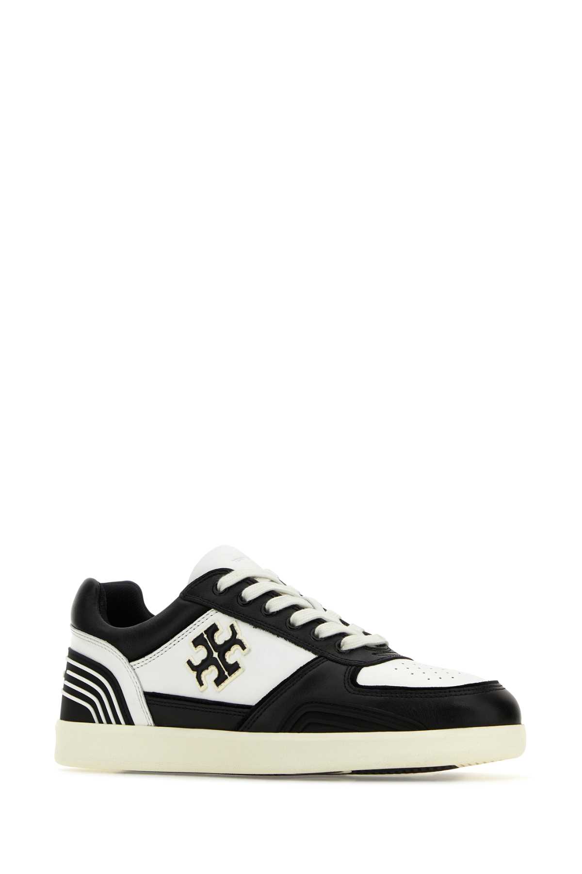 Shop Tory Burch Two-tone Leather Clover Court Sneakers In Purityperfectblack