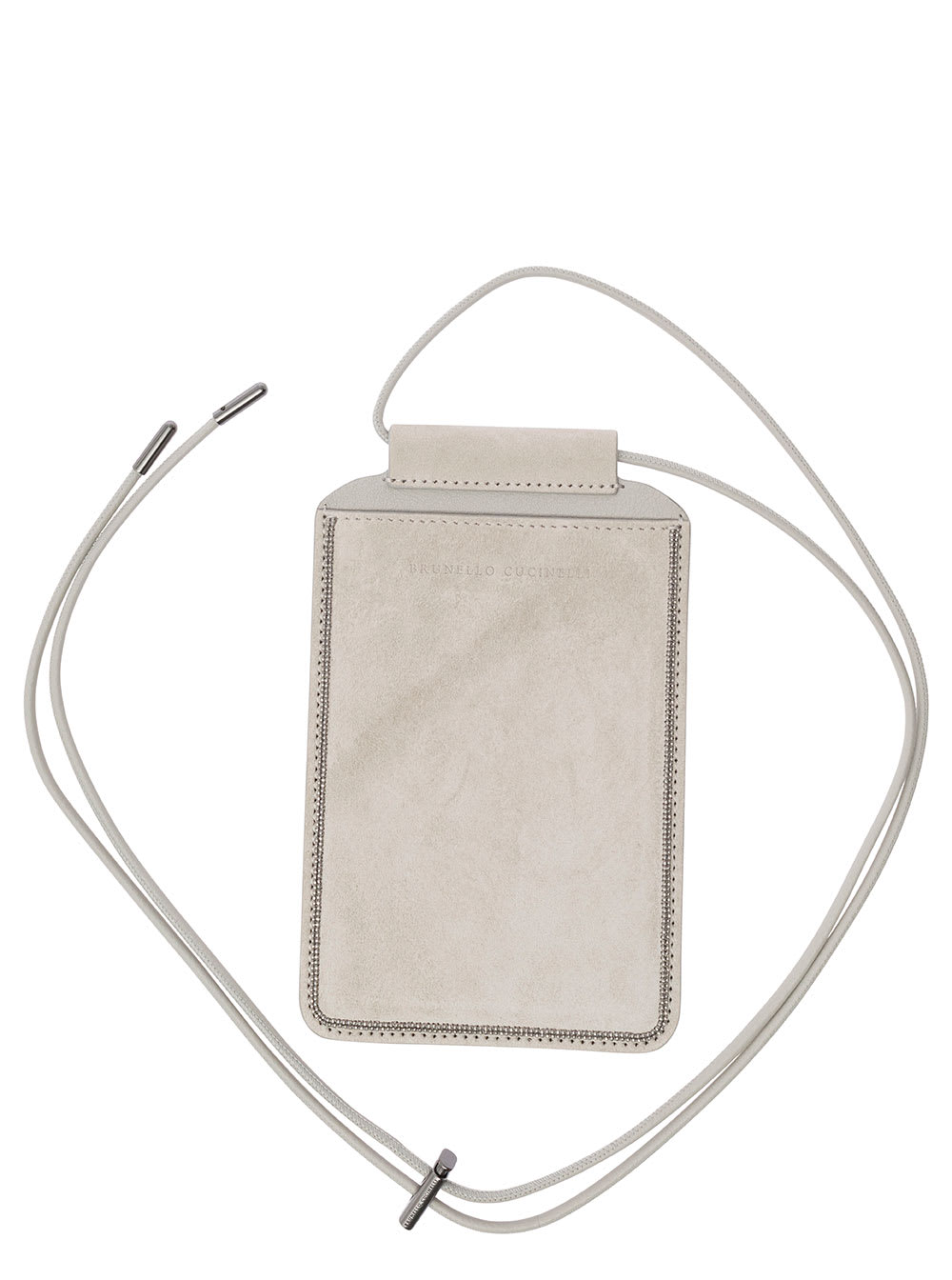 Brunello Cucinelli White Phone-holder With Shiny Trim And Logo In Suede Woman