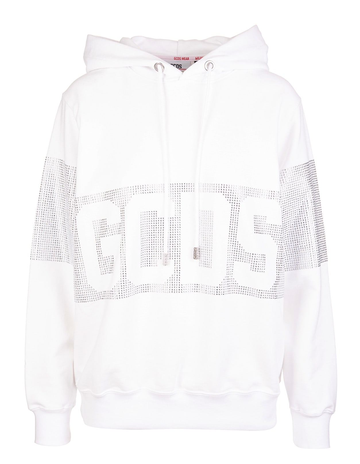 GCDS Woman White Hoodie With Strass Logo Band
