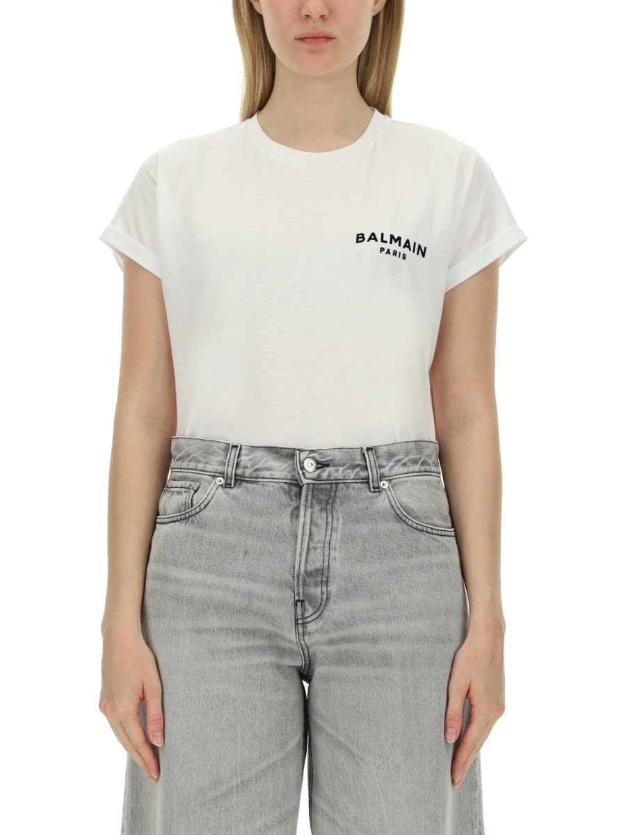 Shop Balmain Flocked Logo T-shirt In White