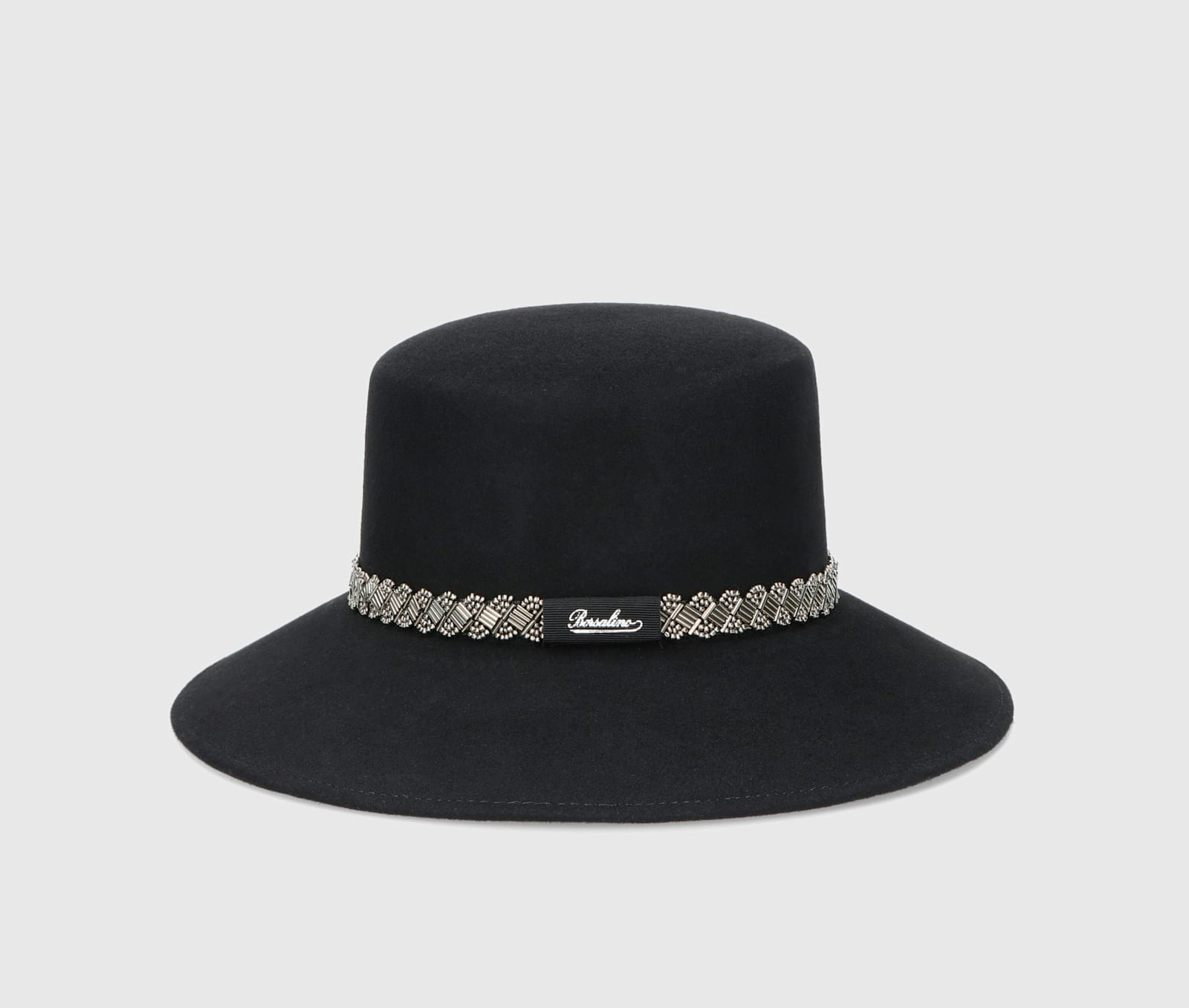 Borsalino Kris Fine Wool Felt With Metal Sequins Hatband In Black, Tone On Tone Hatband