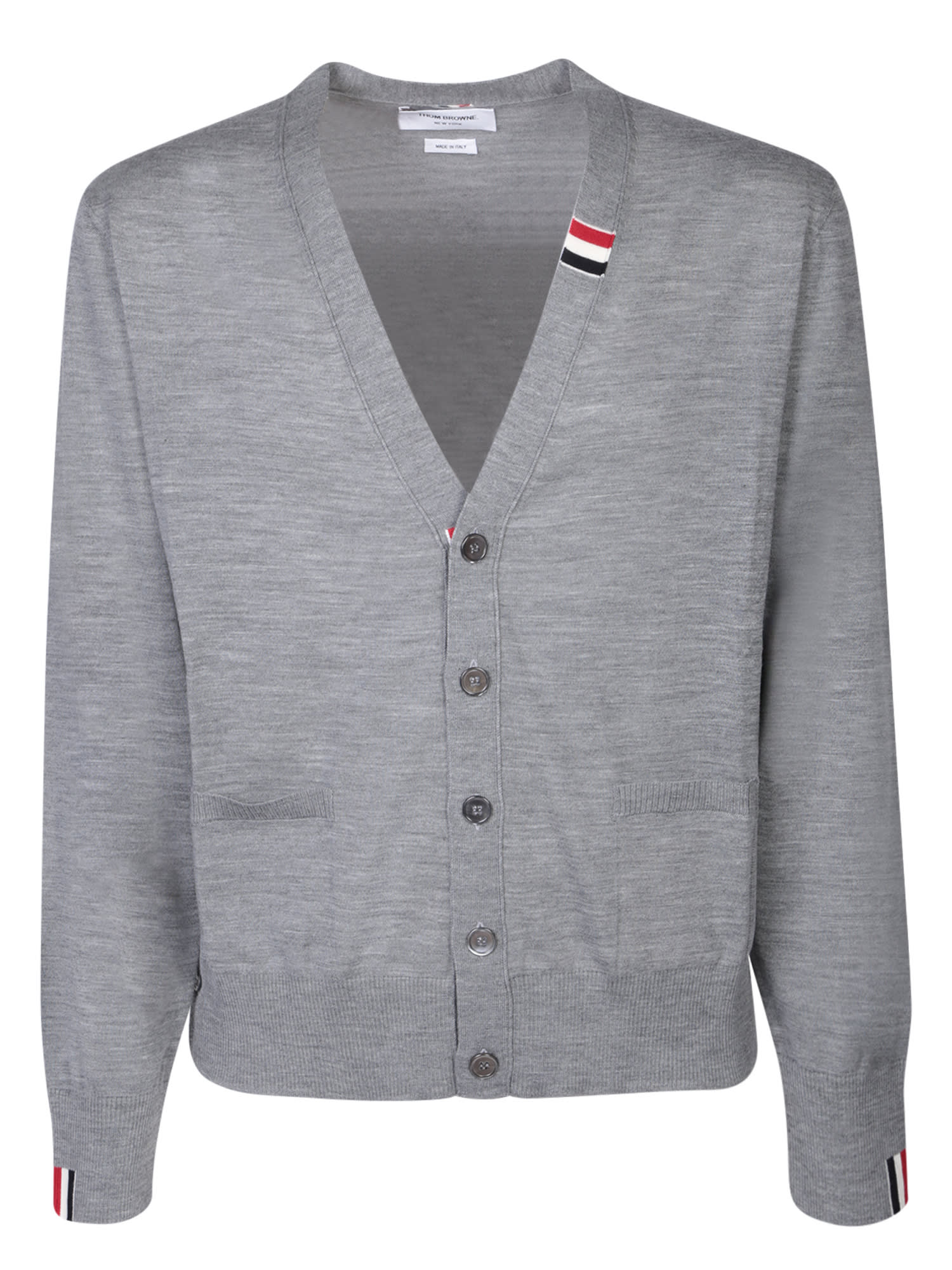 Shop Thom Browne Rwb Stripe Grey Cardigan