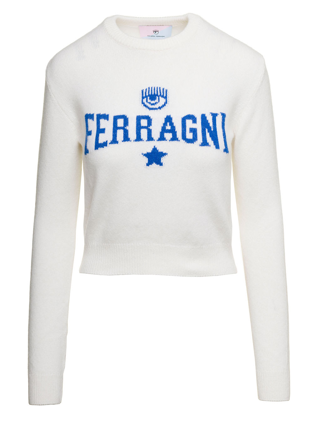 CHIARA FERRAGNI WHITE LONG-SLEEVED SWEATER WITH CONTRASTING MAXI LOGO IN WOOL BLEND WOMAN