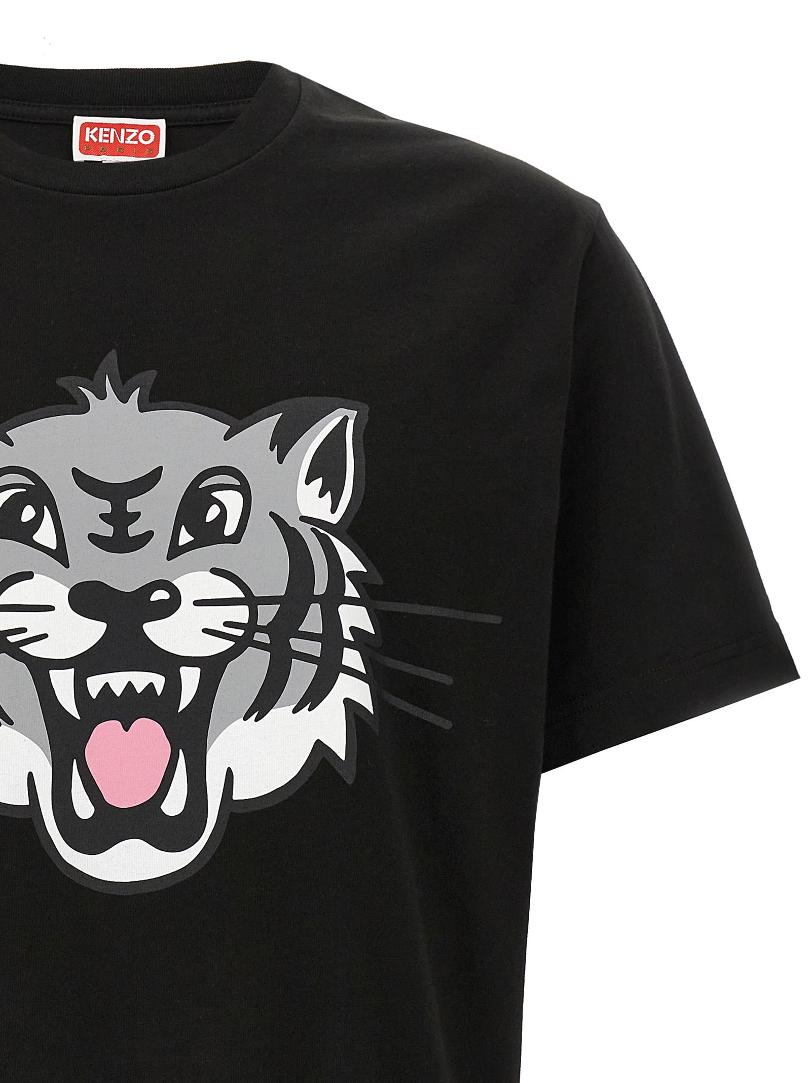 Kenzo Black T-shirt With Happy Tiger Print On The Front In Black