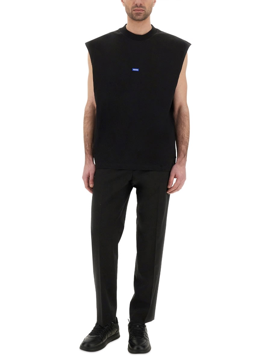 Hugo Boss Sleeveless Cotton-jersey T-shirt With Blue Logo Label In Black