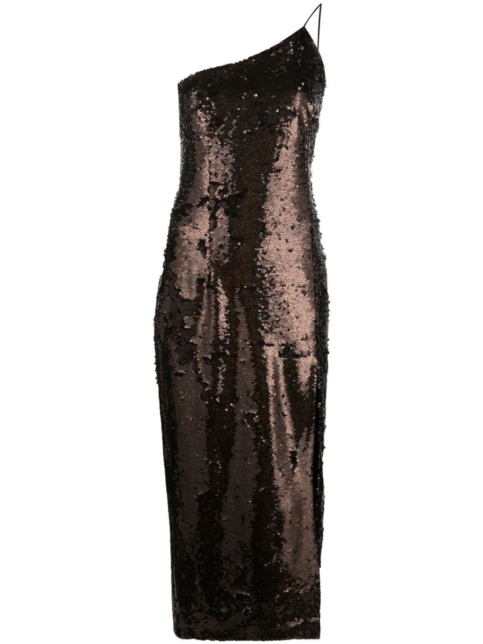 Shop New Arrivals Sequin-embellished Asymmetric Midi Dress In Brown