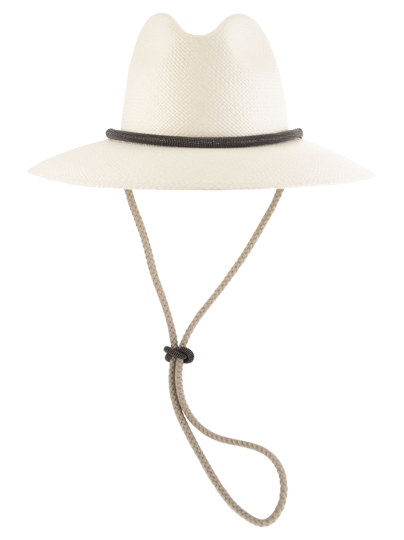 BRUNELLO CUCINELLI STRAW FEDORA WITH LINEN CORD AND NECKLACE