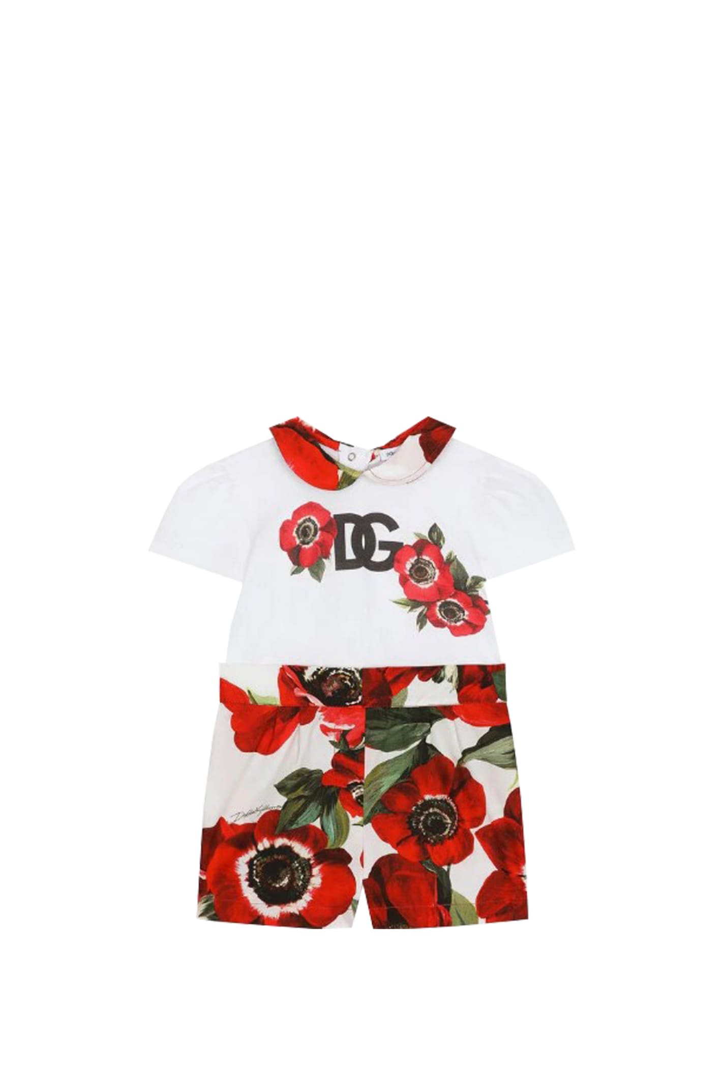 Shop Dolce & Gabbana Romper In Jersey And Poplin With Anemone Flower Print In Multicolor