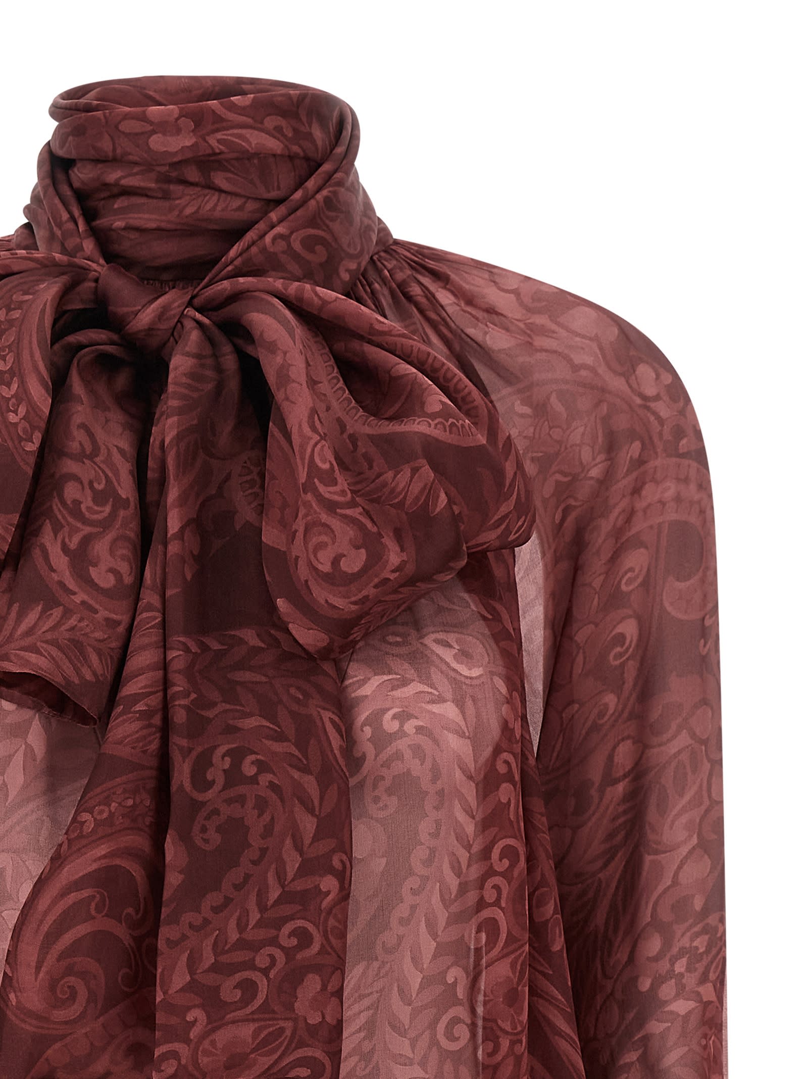 Etro Bow Blouse High Neck Long Sleeves In Brown