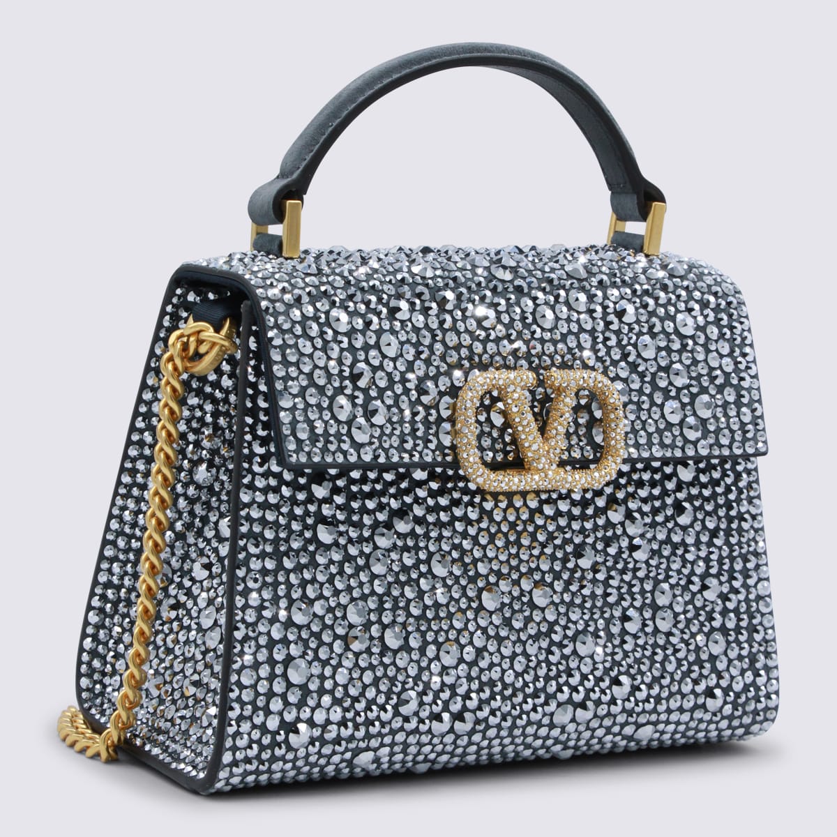 Valentino Crystal Vsling Small Top Handle Bag In Gray