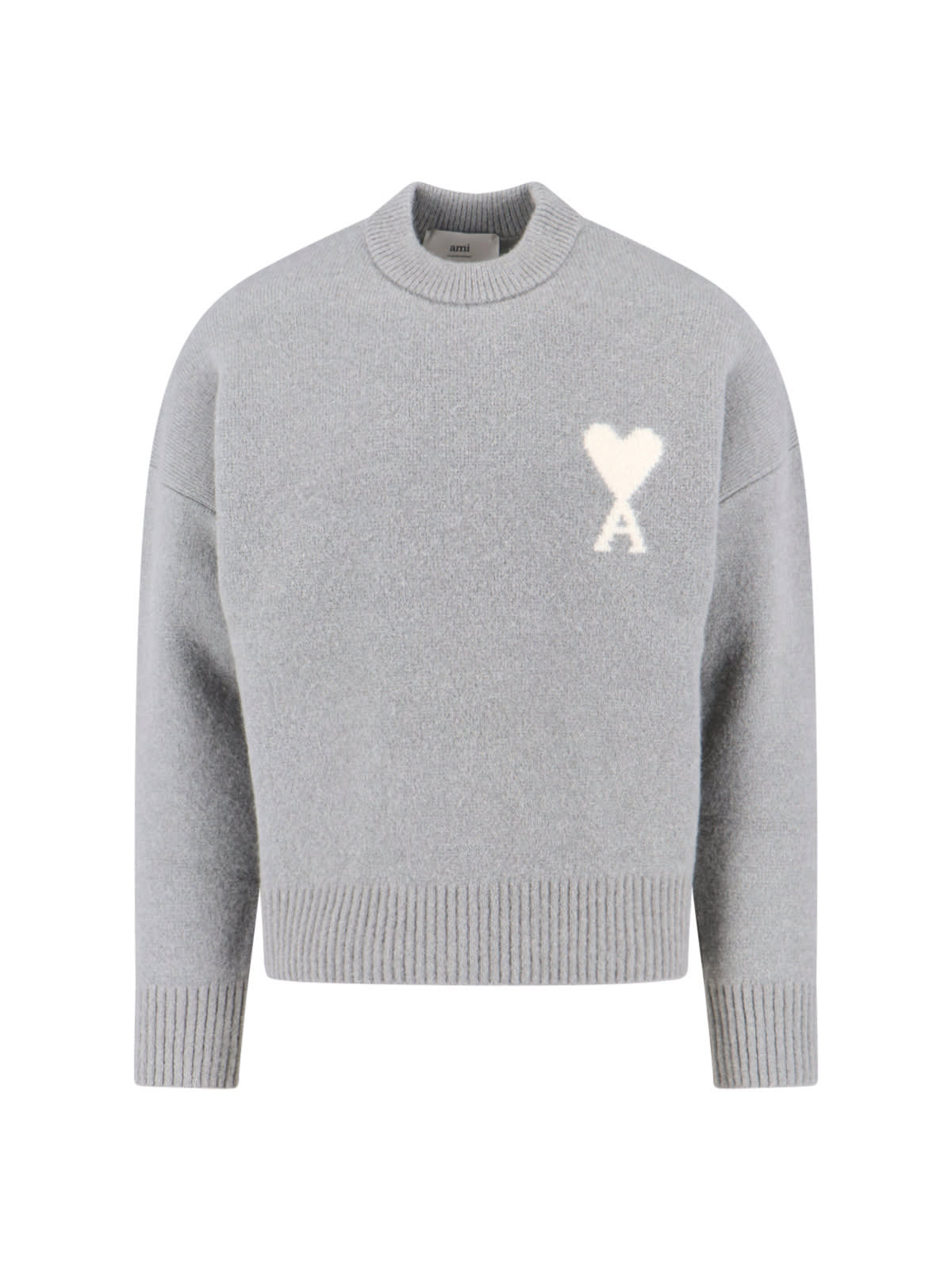 Ami Alexandre Mattiussi Ami Round Neck Sweater With Logo Detail And Ribbed Finishes In Gray