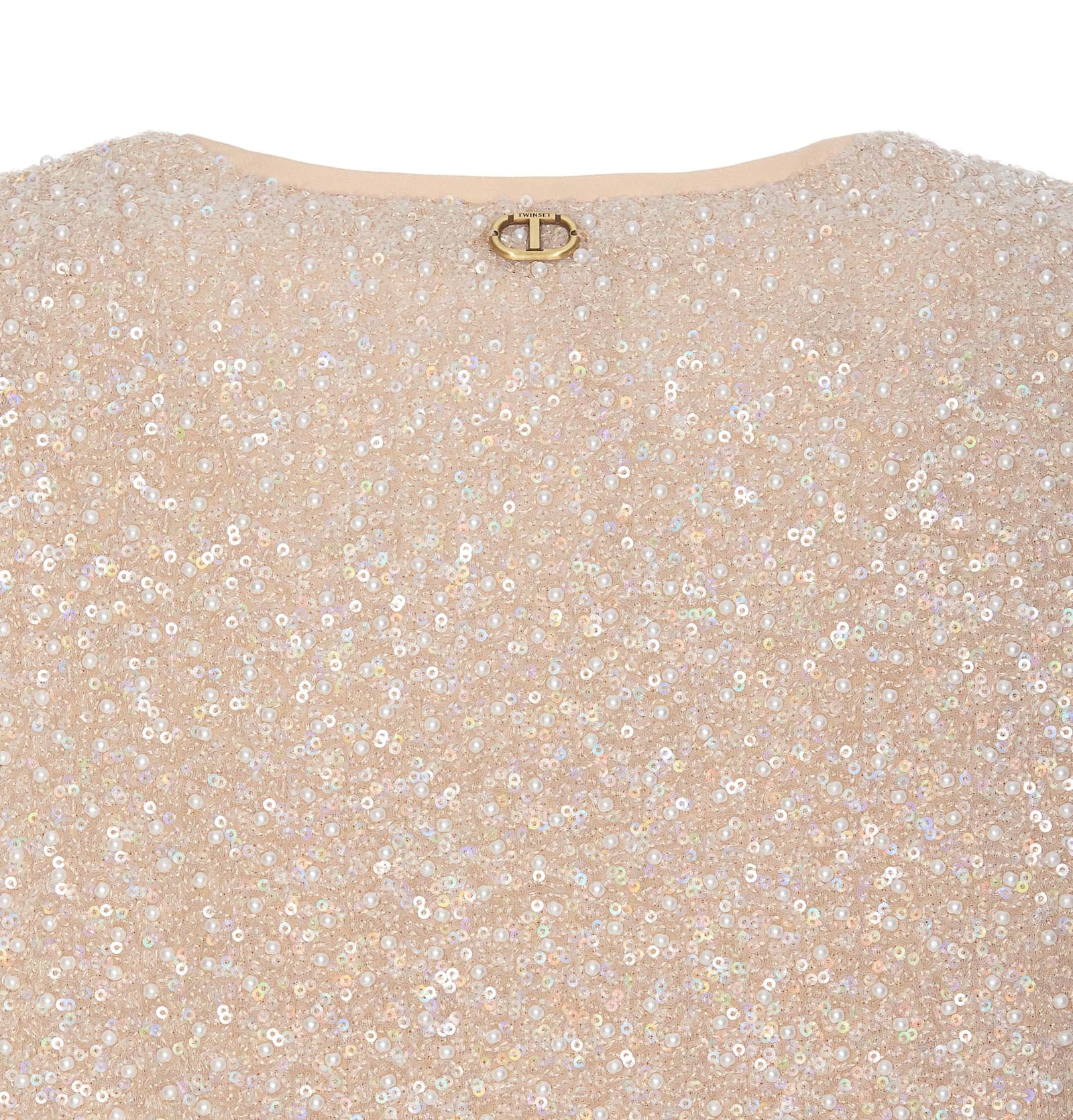 Twinset Beige Sequin Jacket With All-over Fau-pearl Embellishments In Tech Fabric Woman In Beige