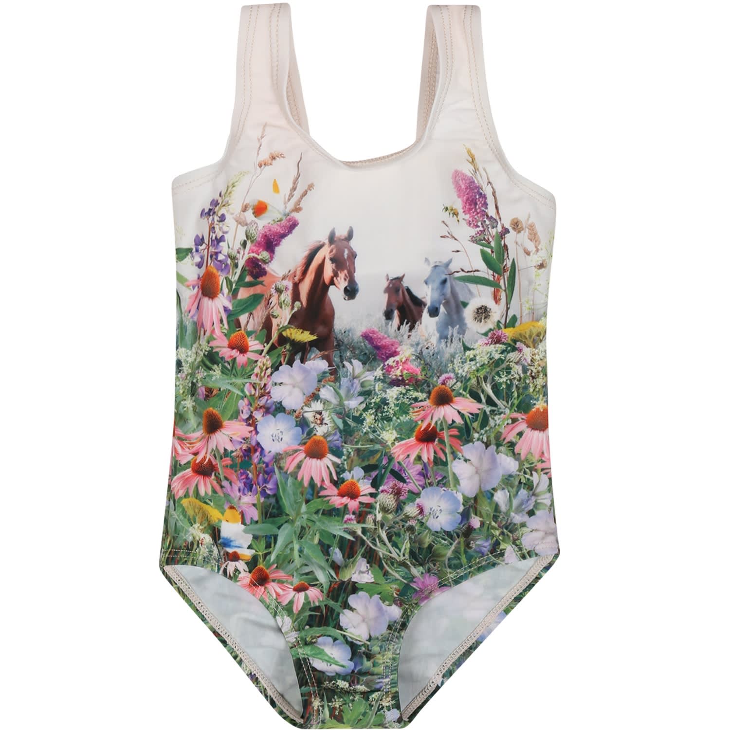 Shop Molo Ivory Swimsuit For Baby Girl With Horses And Flowers Print