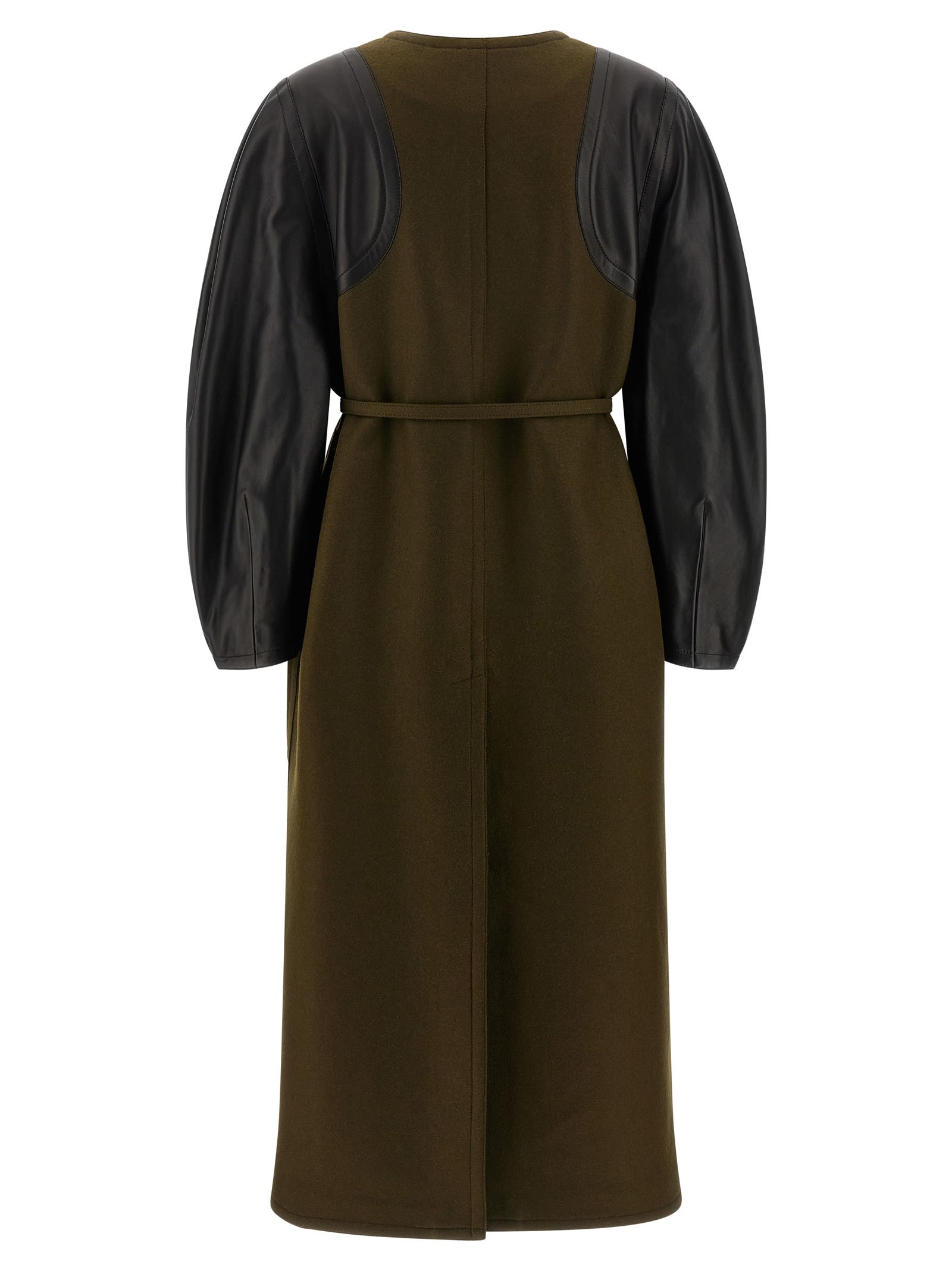 Fendi Women Green Crewneck Coat With Puffed Leather Sleeves And Belt With Ff Plaque In Wool And Visc In Green