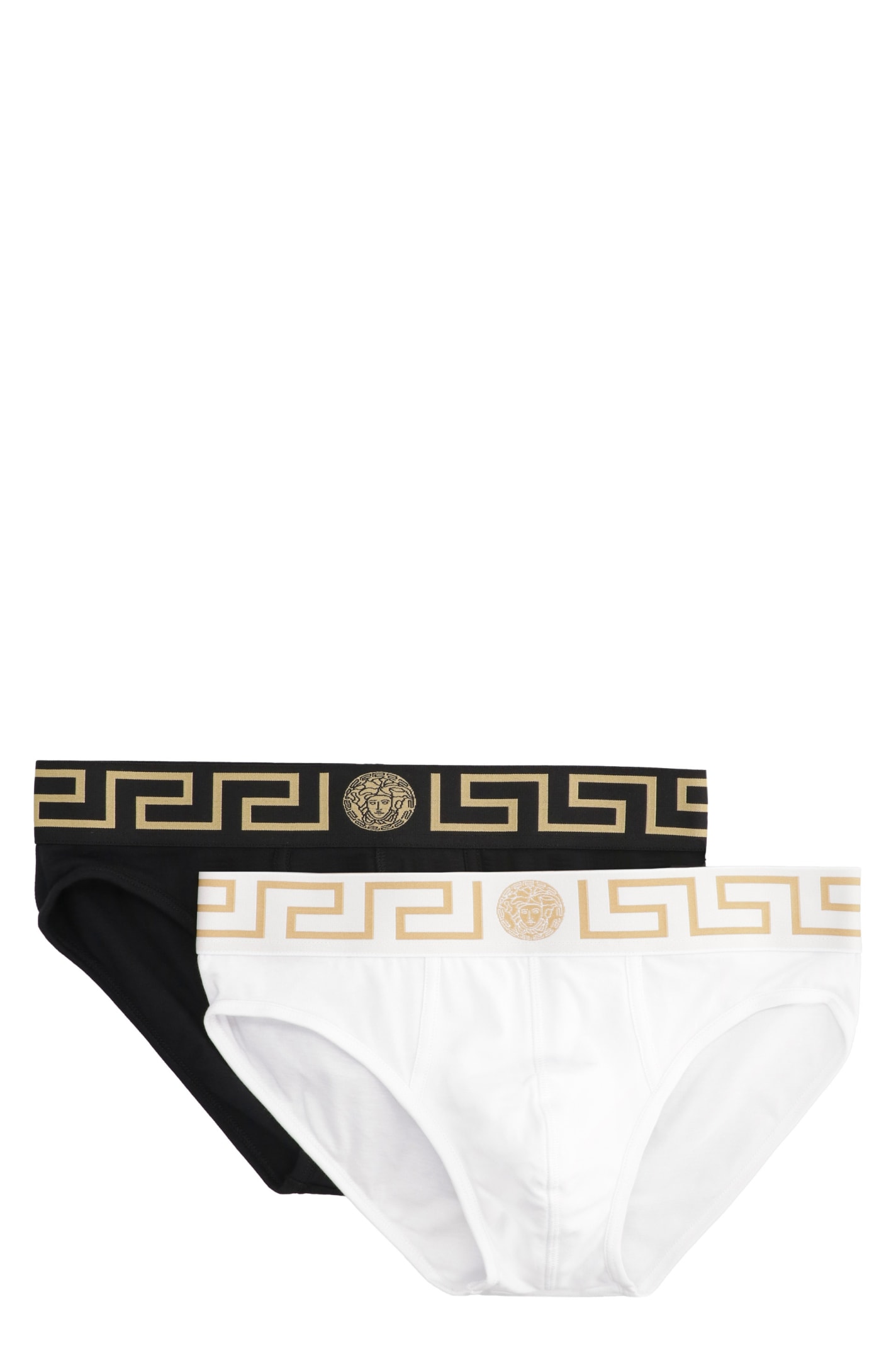 Shop Versace Set Of Two Cotton Briefs With Logoed Elastic Band In K Nero Bianco