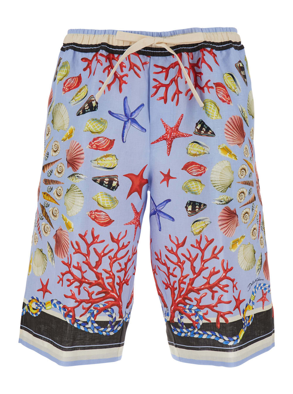 Dolce & Gabbana Multicolor Shorts With Elastic Drawstring And All-over Print In Linen Man