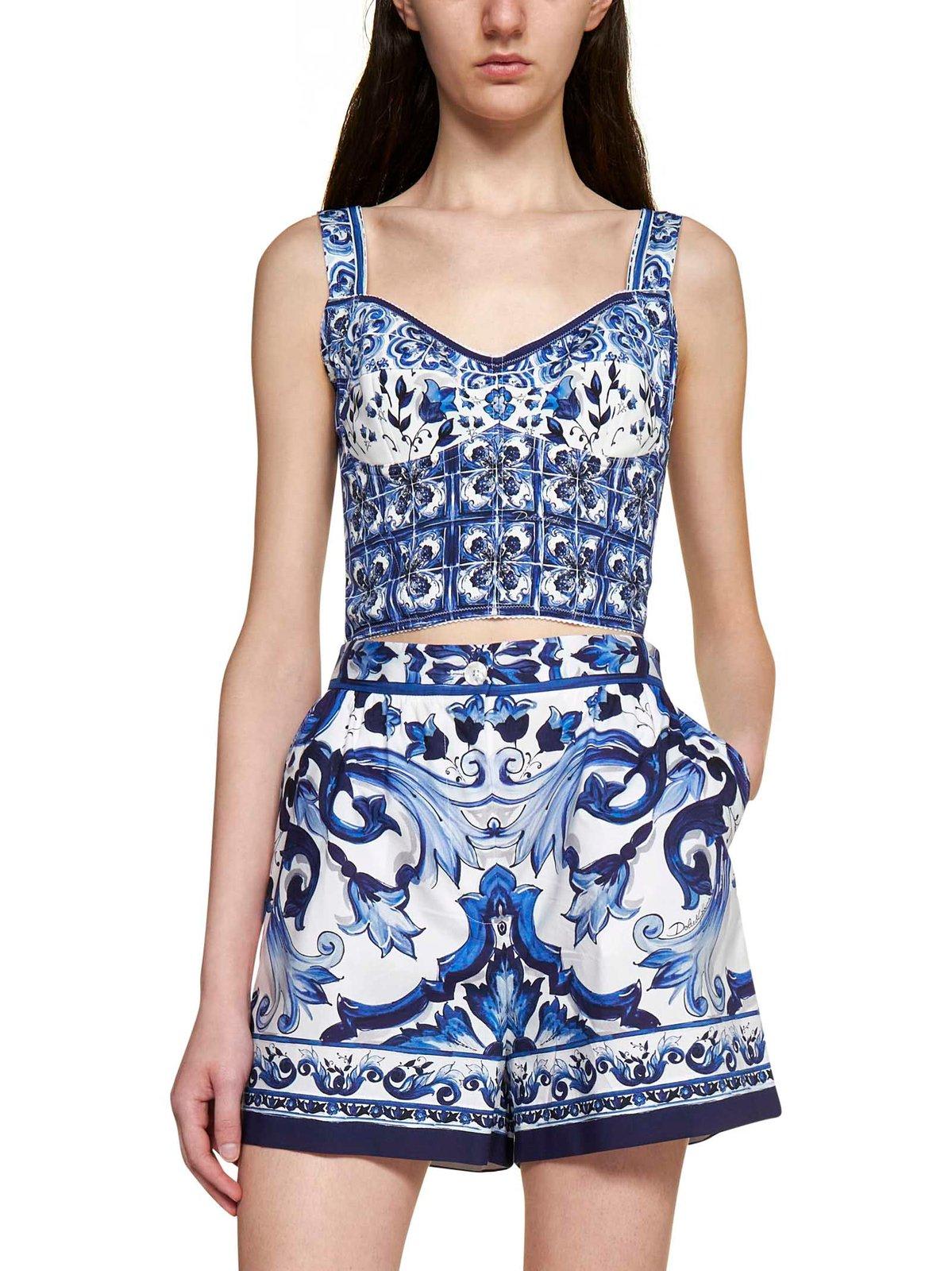 Shop Dolce & Gabbana Allover Printed Cropped Top In Mix Maiolica Blu