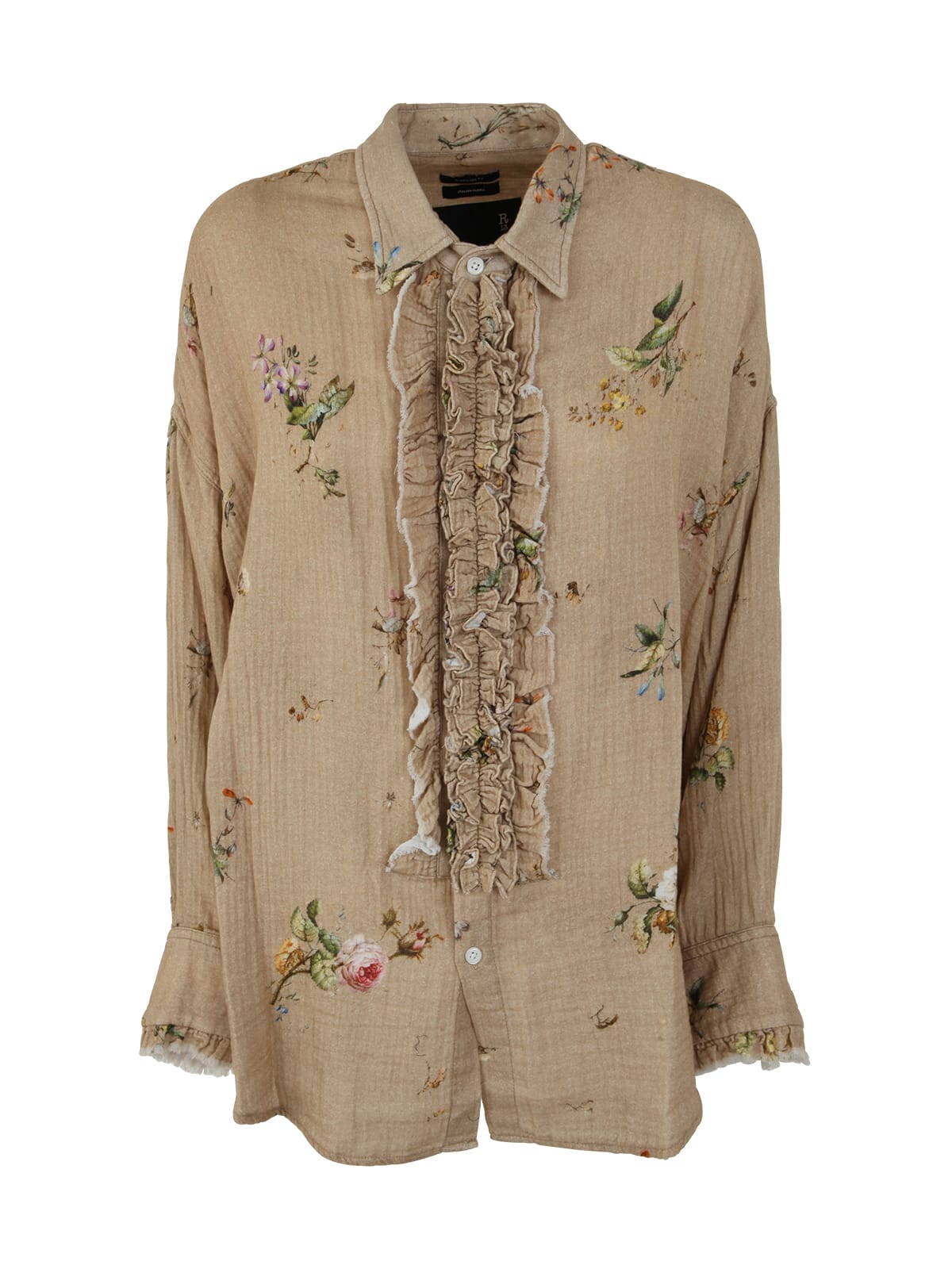 R13 Drop Neck Tuxedo Shirt In B Floral On Khaki
