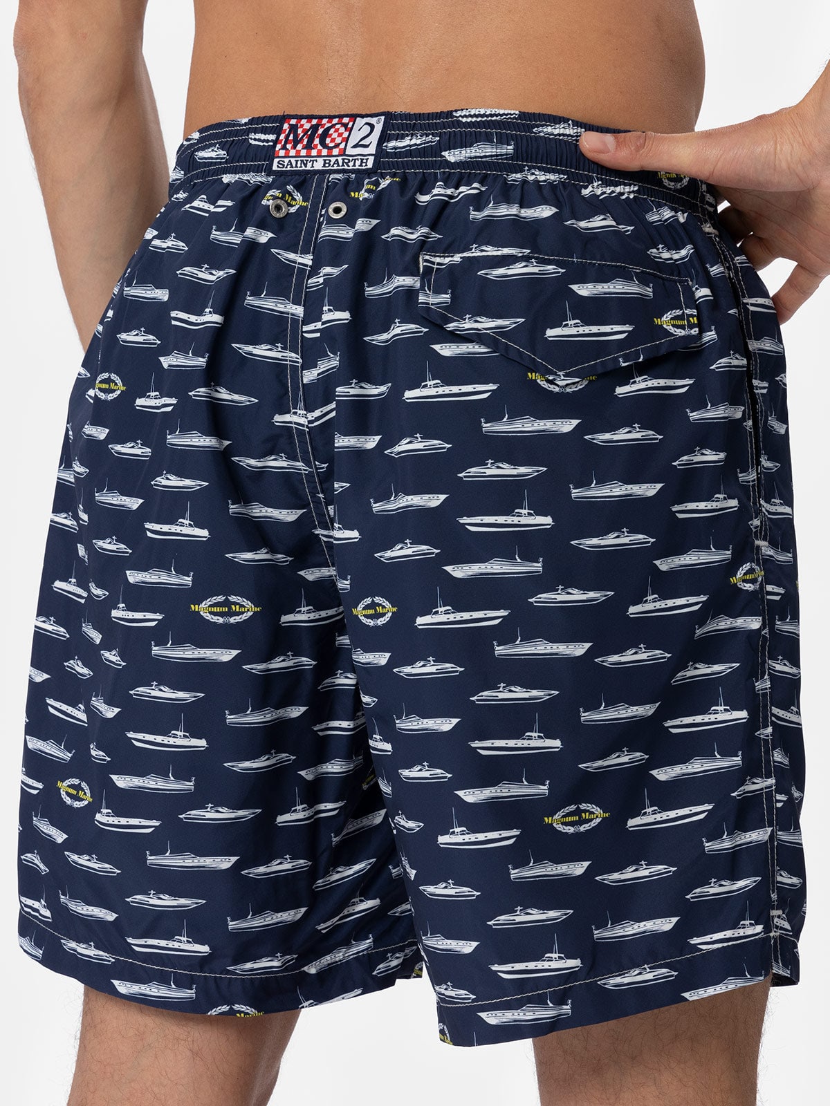 Mc2 Saint Barth Man Lightweight Fabric Swim-shorts Lighting With Magnum Marine Print Magnum Marine Special Edition In Blue