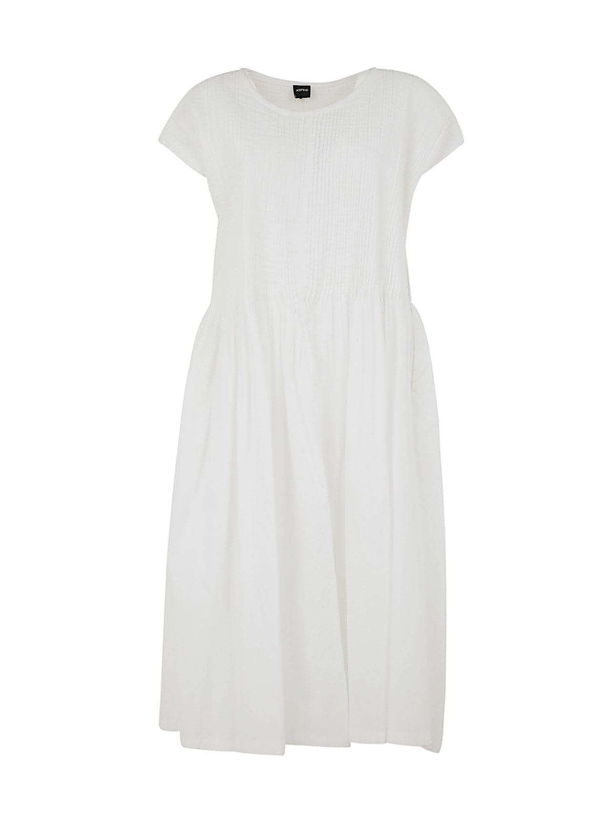 Aspesi Cotton Crew Neck S/s Pleated Dress With Wide Skirt