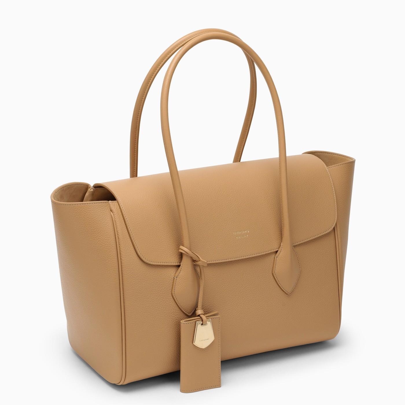 Shop Ferragamo Camel-coloured Leather Tote Bag L In Beige