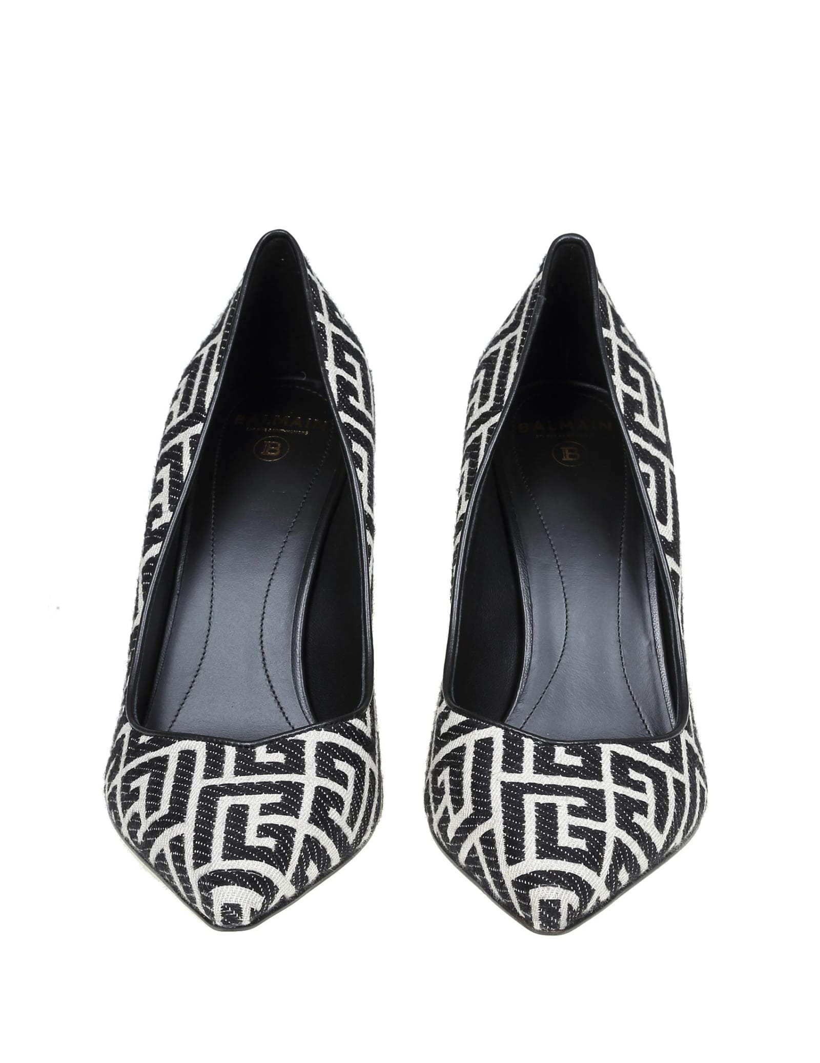 Shop Balmain Pump Decollete In Monogram Fabric In Ivoire/noir