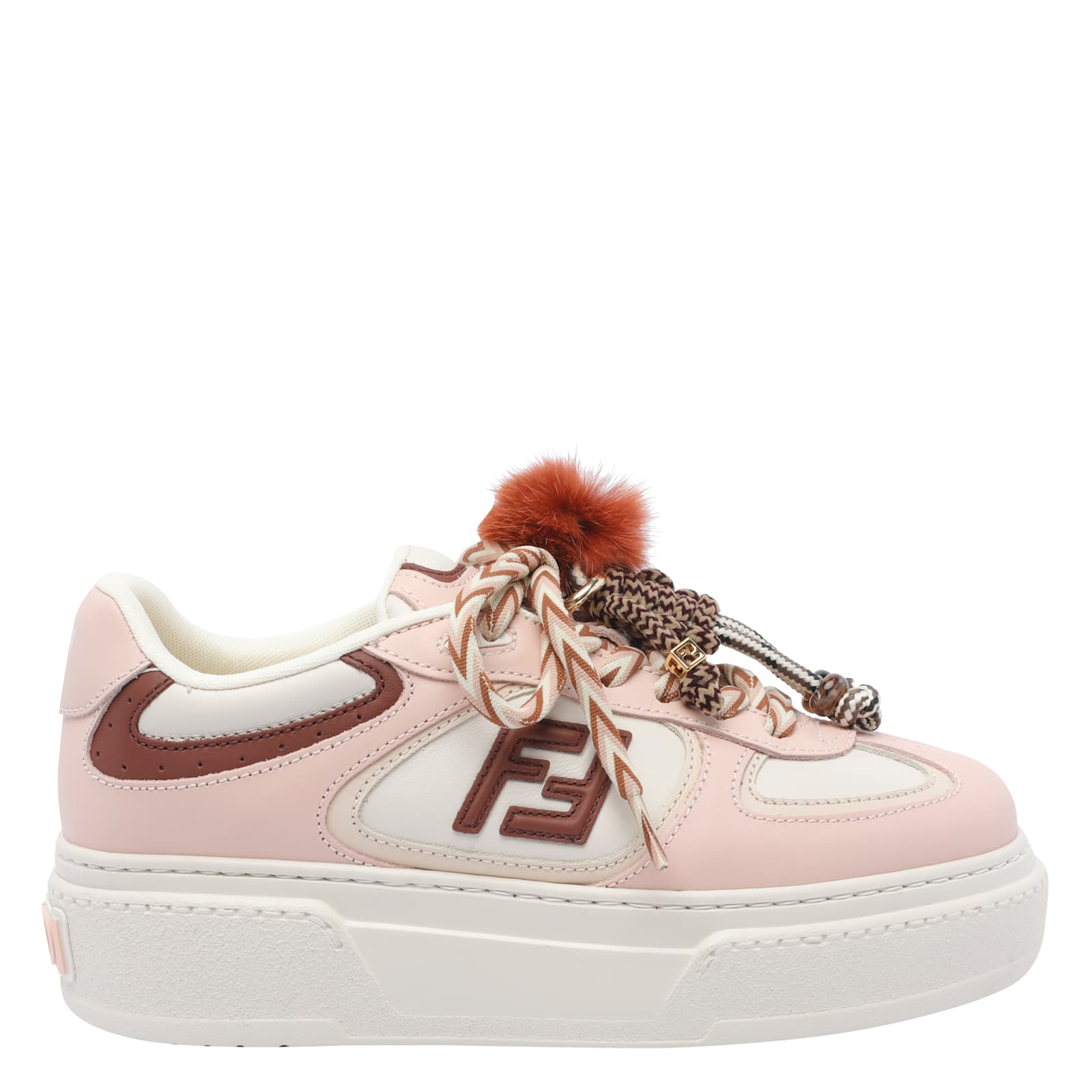 Fendi Low Top Platform Shoes In Pink Leather With Charm In Pink